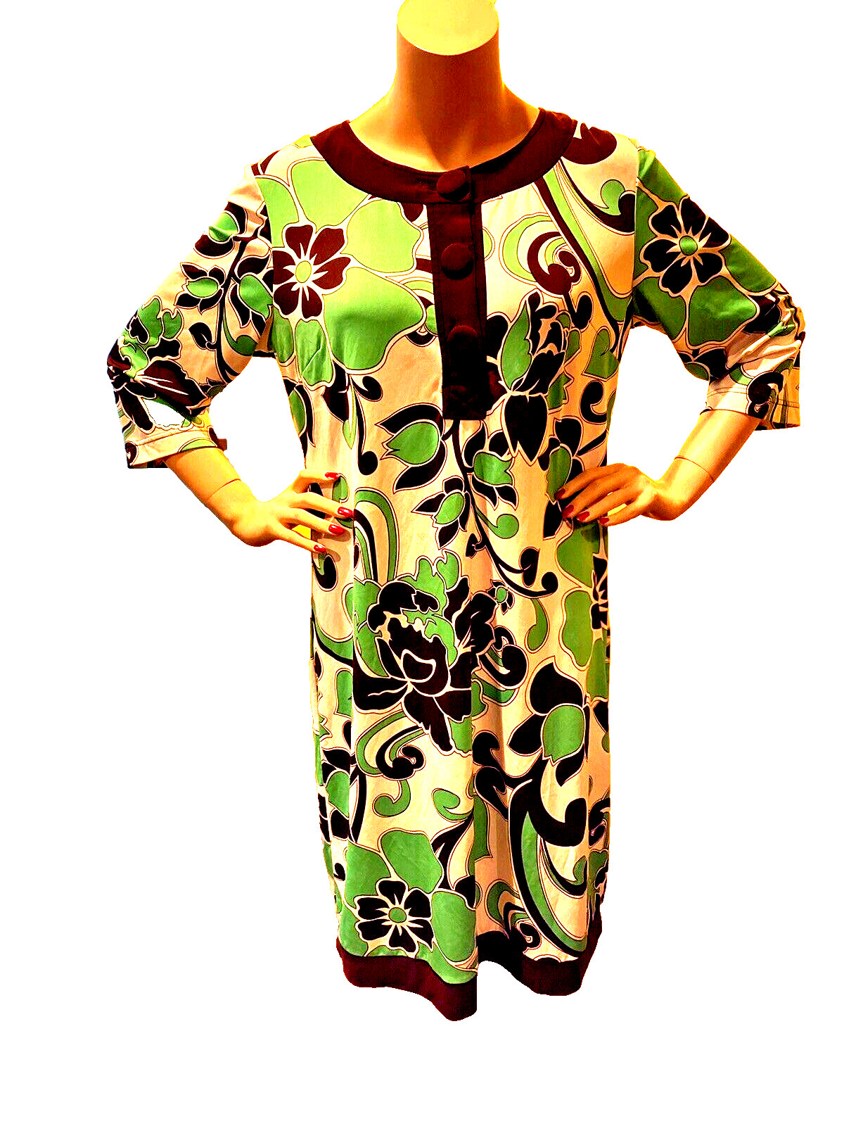 VINTAGE 70’s Women MINI DRESS Green&Brown Psychedelic Print 42 Inch Bust