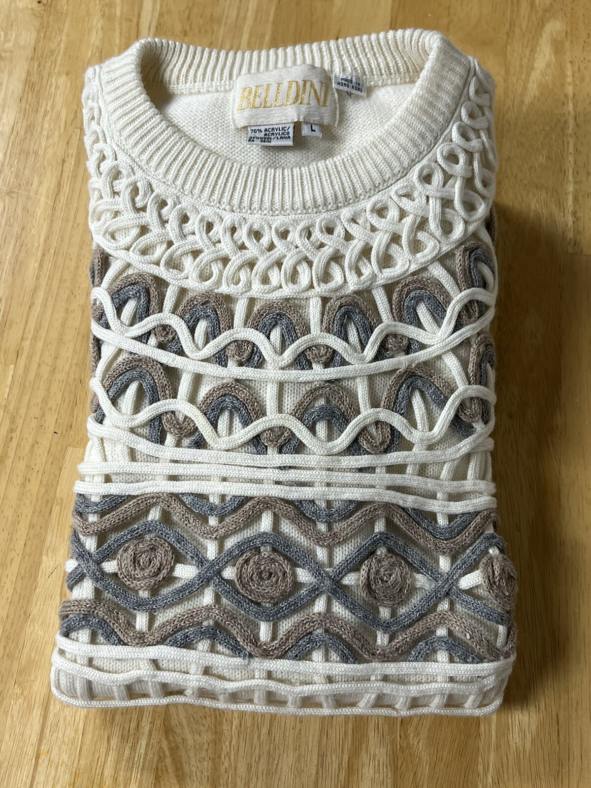 BELLDINI Vtg 80s Wool & Acrylic Pullover Size Large Hong Kong Shoulder Pads Read
