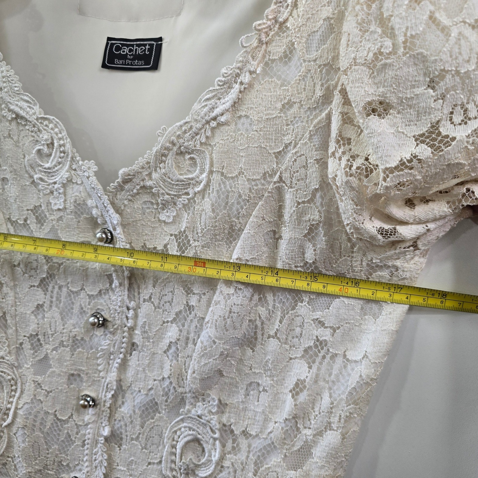 Cachet Ivory Lace Puff Sleeve Corset Top Button Up Romantic USA Pearl Buttons Sm