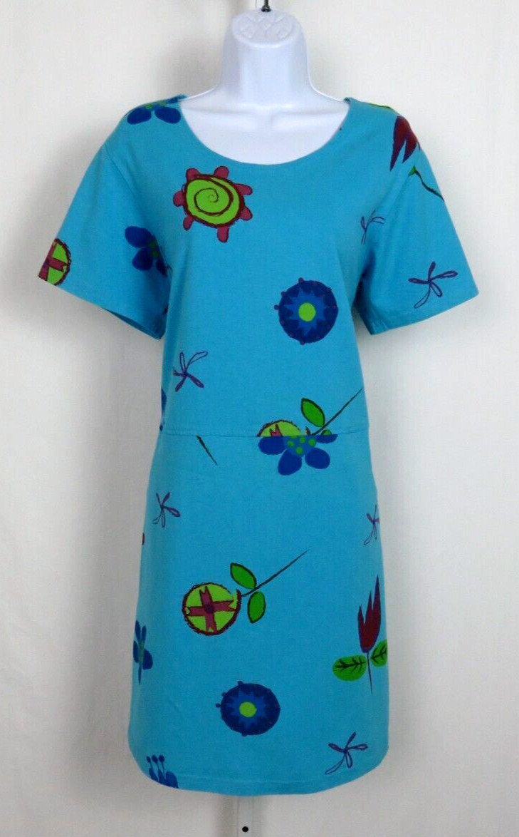 VTG 1980s 90s RED GINGER MEDIUM COTTON DRESS MOD FLOWERS ROPE BELT AQUA BLUE