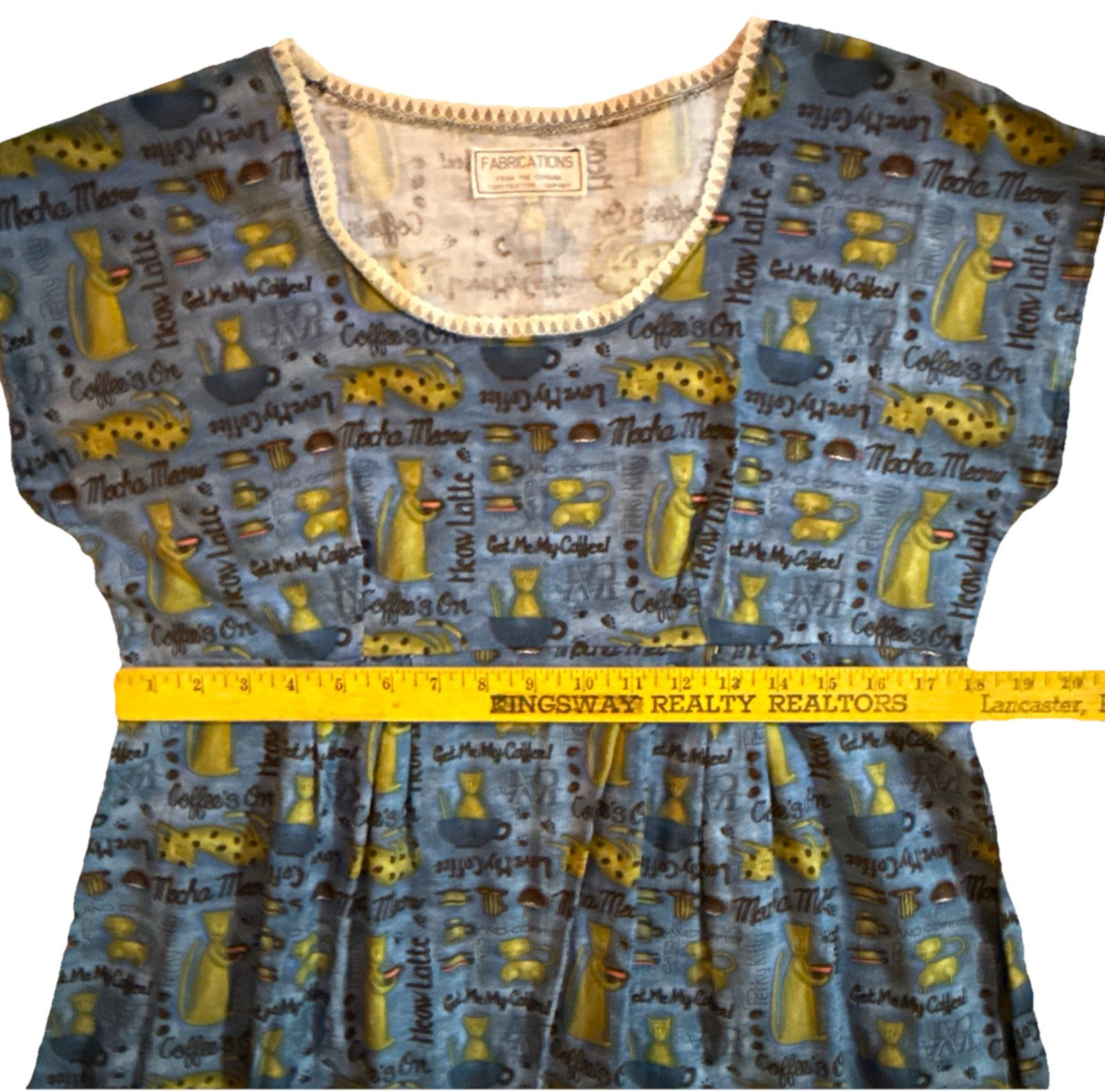 VTG Handmade Cats Coffee Print House Farm Dress Womens L CHARMING Fabric Retro