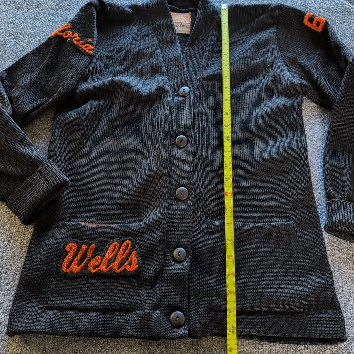 Vintage Varsity Letterman Sweater Black Orange Gloria Wells NV Womens Med 50/60s