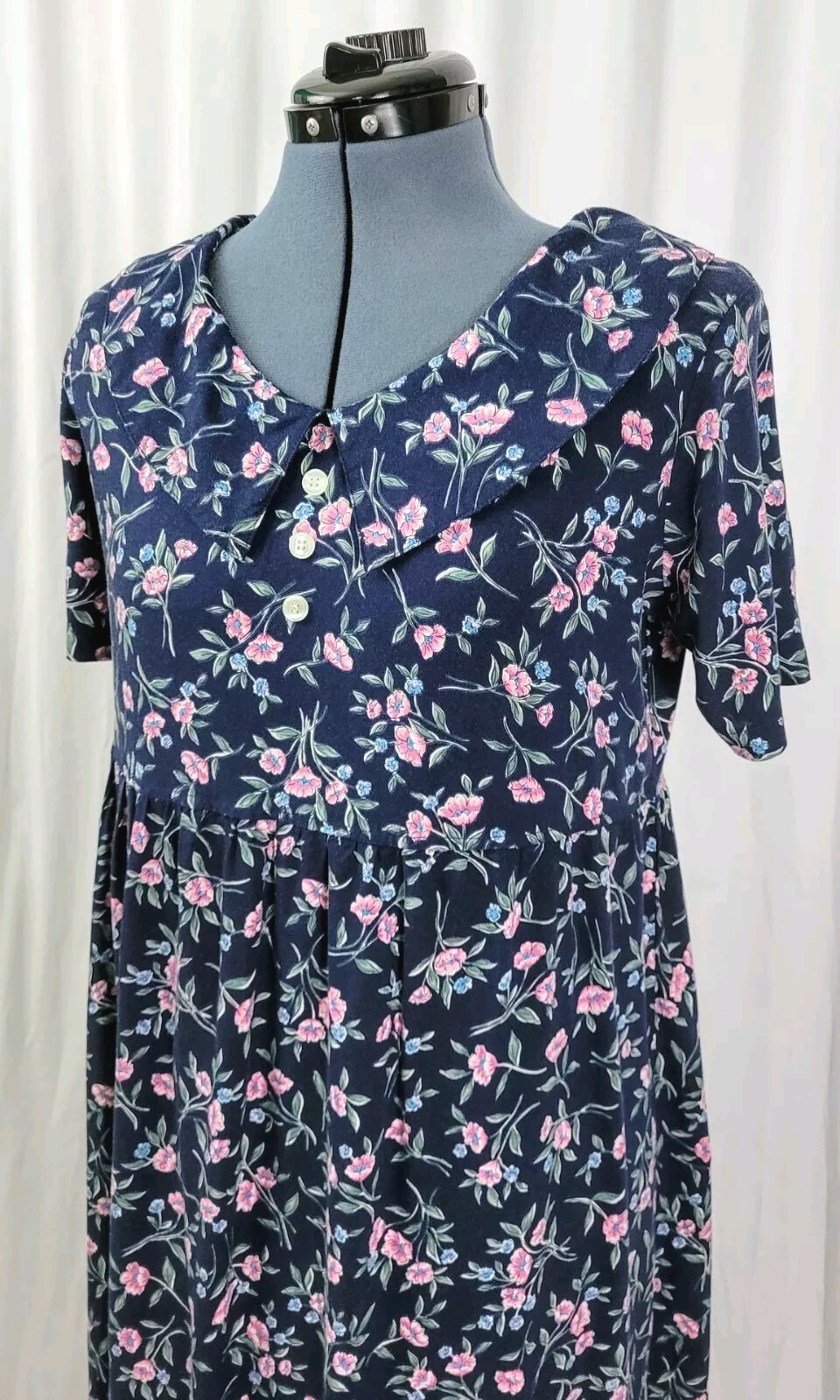 Vtg Ulterior Motives Navy Blue Floral Dress w Raised Waistline & Collar Size M