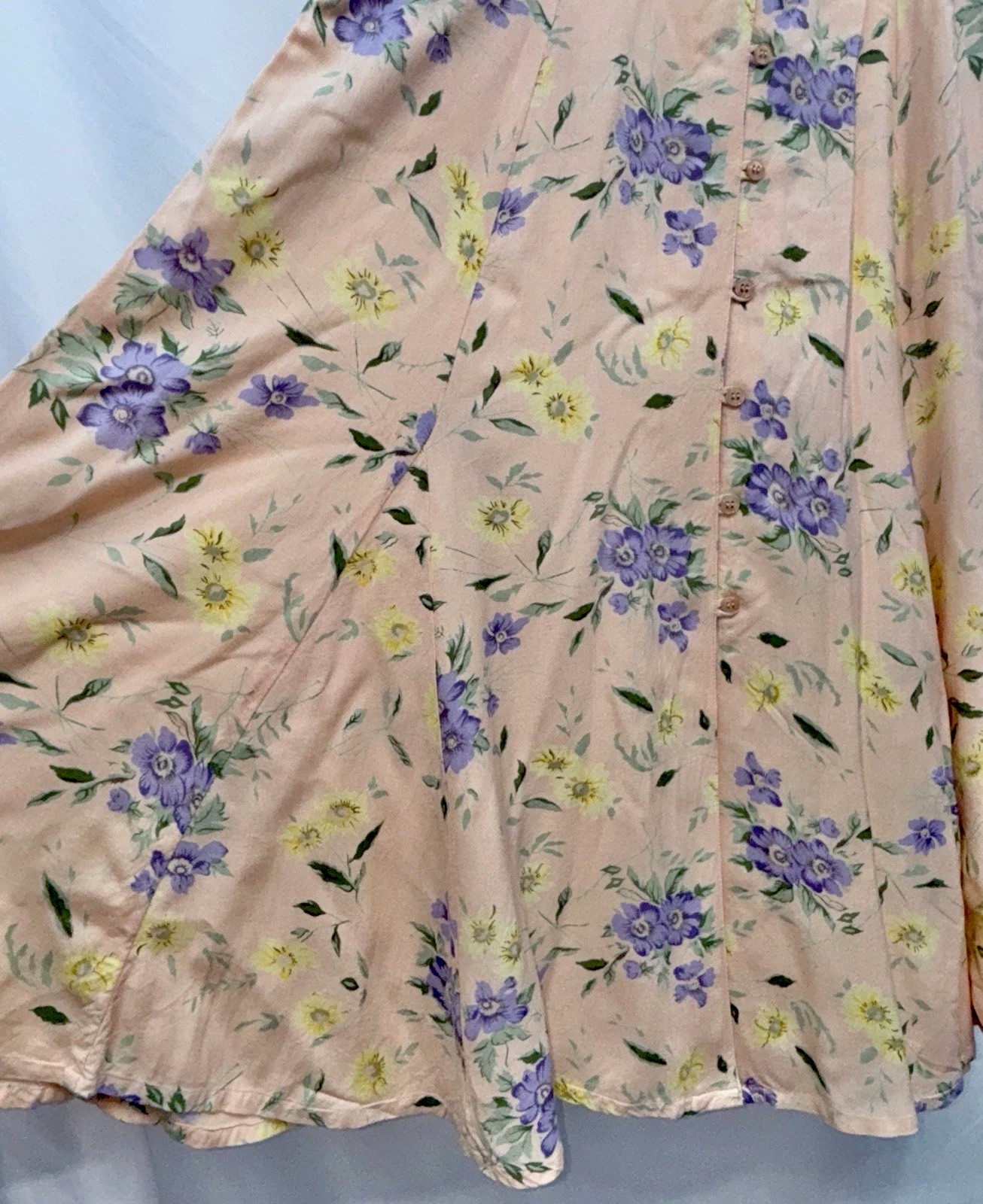 QPS Women Size 4 Vintage Button Up Belted Midi Godet Skirt Peach Floral Pockets
