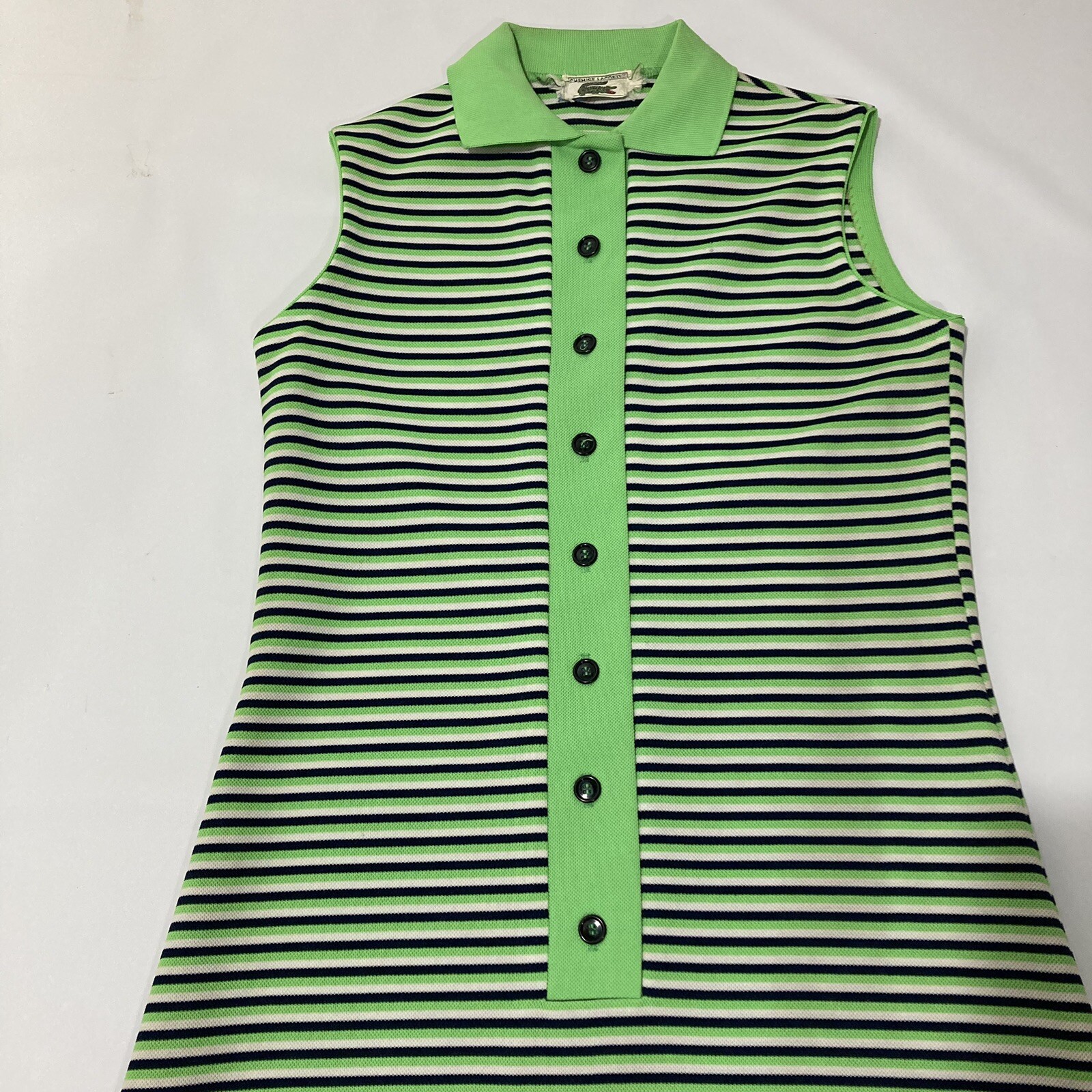 Vtg 70s Chemise Lacoste Shift Dress Med Lime Green/Black Stripe Mod Go-Go Preppy