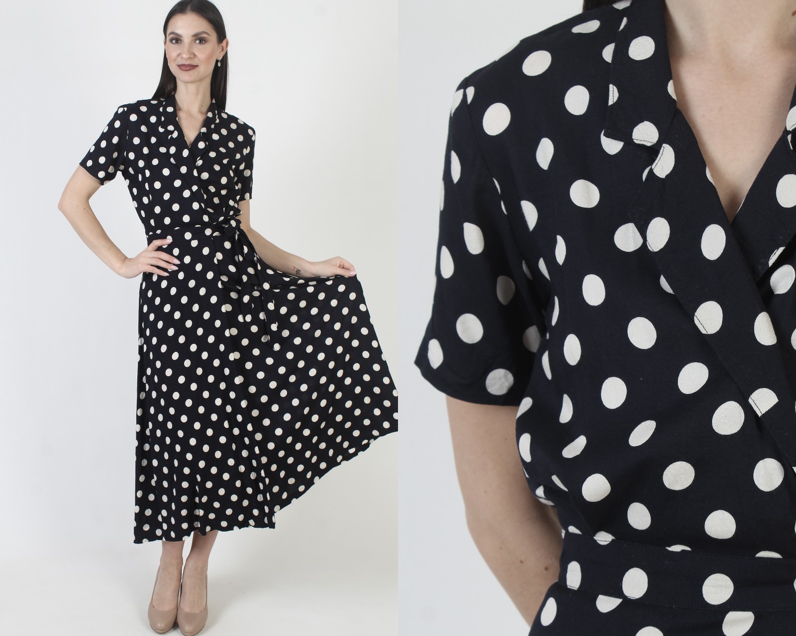 Vtg Navy White Polka Dot Dress Long Cocktail Party Collar Maxi Tea Sundress
