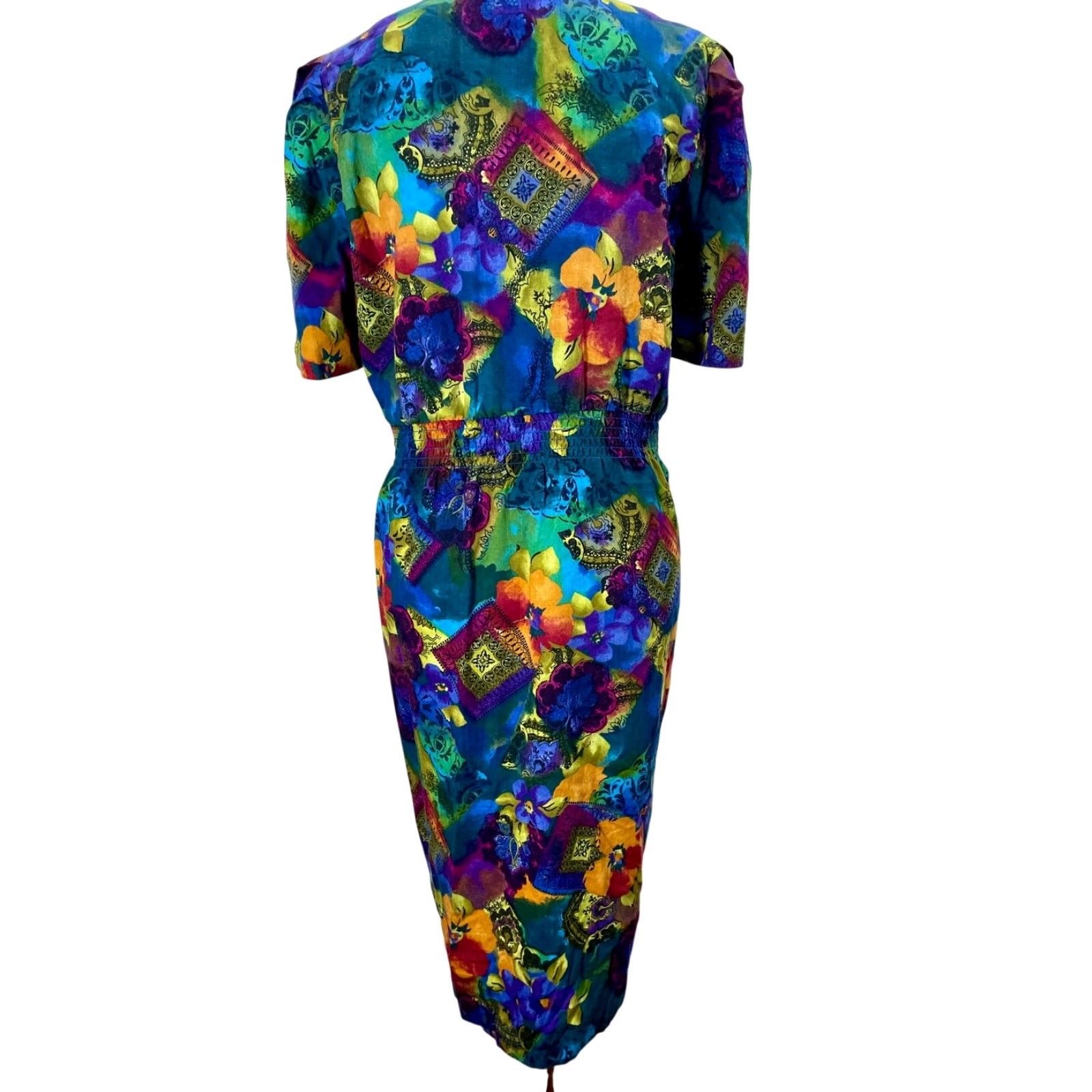 Vintage 80s Via Sant Andrea Dress Vibrant Multicolor Floral Geometric Size 12