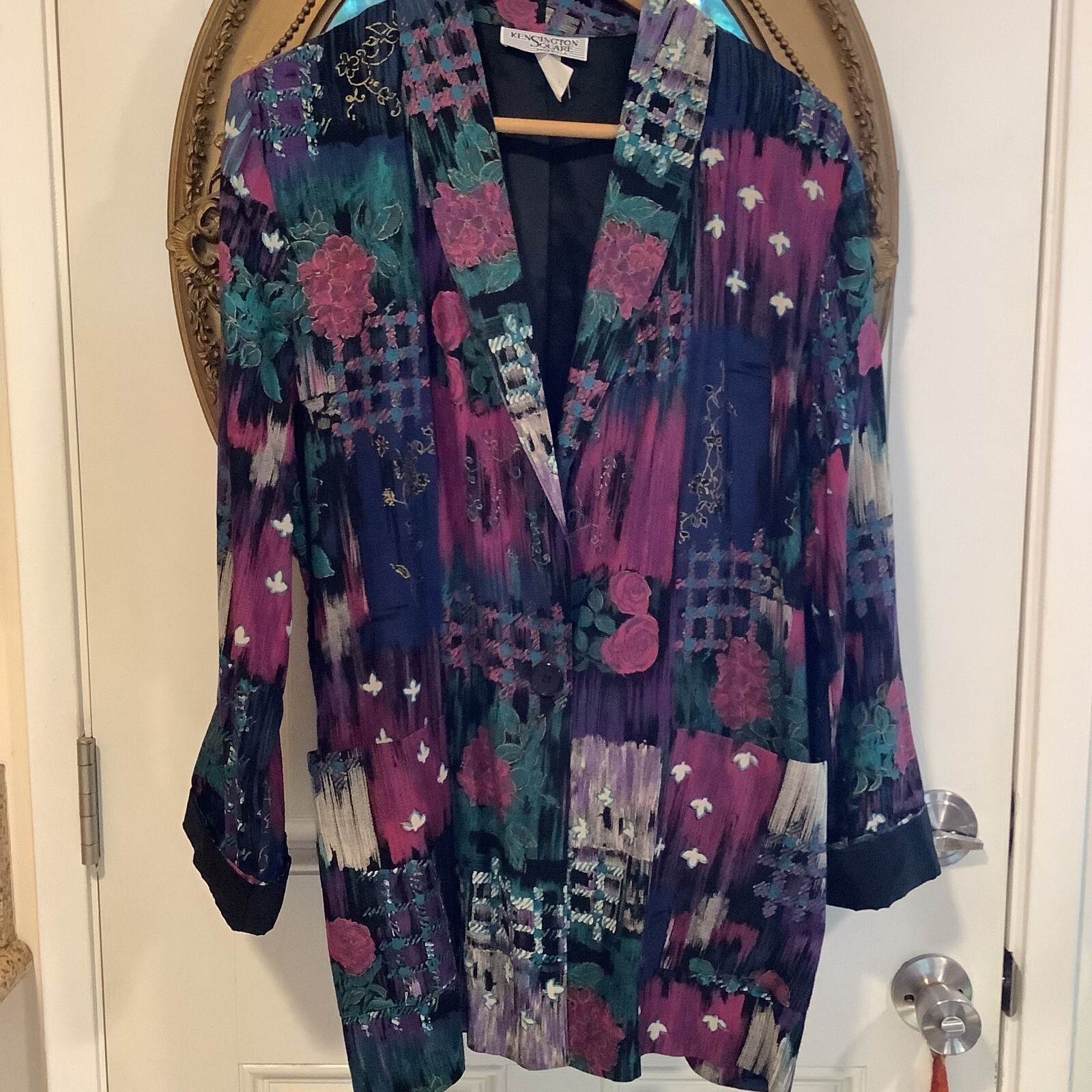 Kensington Square teal purple floral women blazer jacket size M new wave 80s