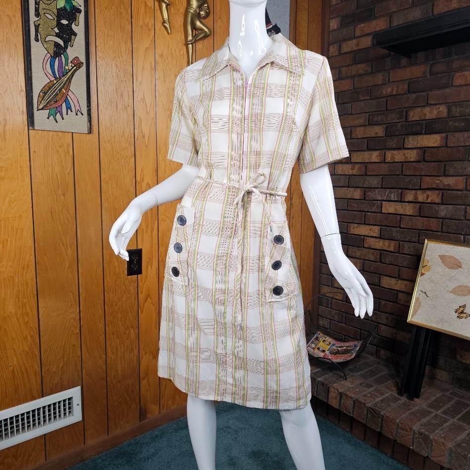 Vtg 60s Mod Zip Front Casual Belted Day Chore House Shift Mini Skimmer Dress M/L