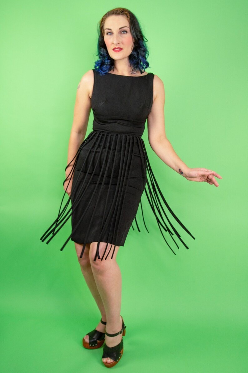 Vintage 1950s 60s Pinup Cocktail Dress Fringe Midi Pencil XS S 2 4