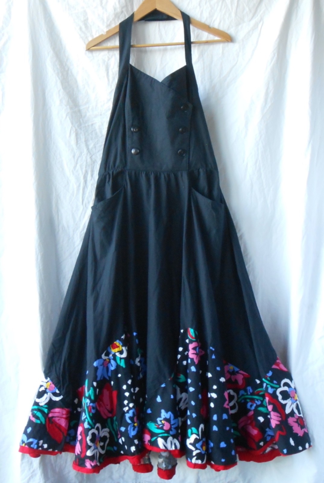 VTG 80s Choon California 100% Cotton Maxi Halter Dress Black Full Skirt Sz 14/Lg