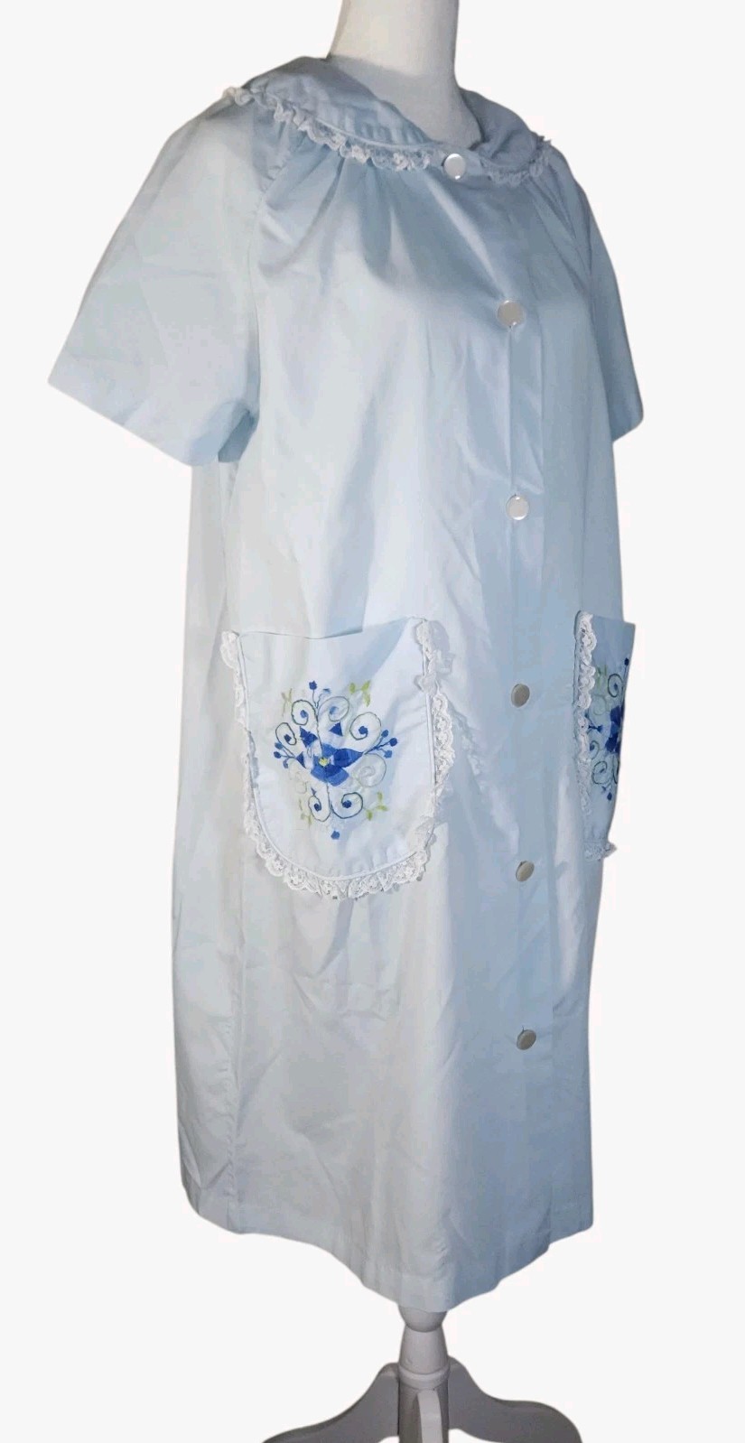 Vintage 70s Sears Comfort Coat Womens House Dress Blue Embroidered Pockets XL