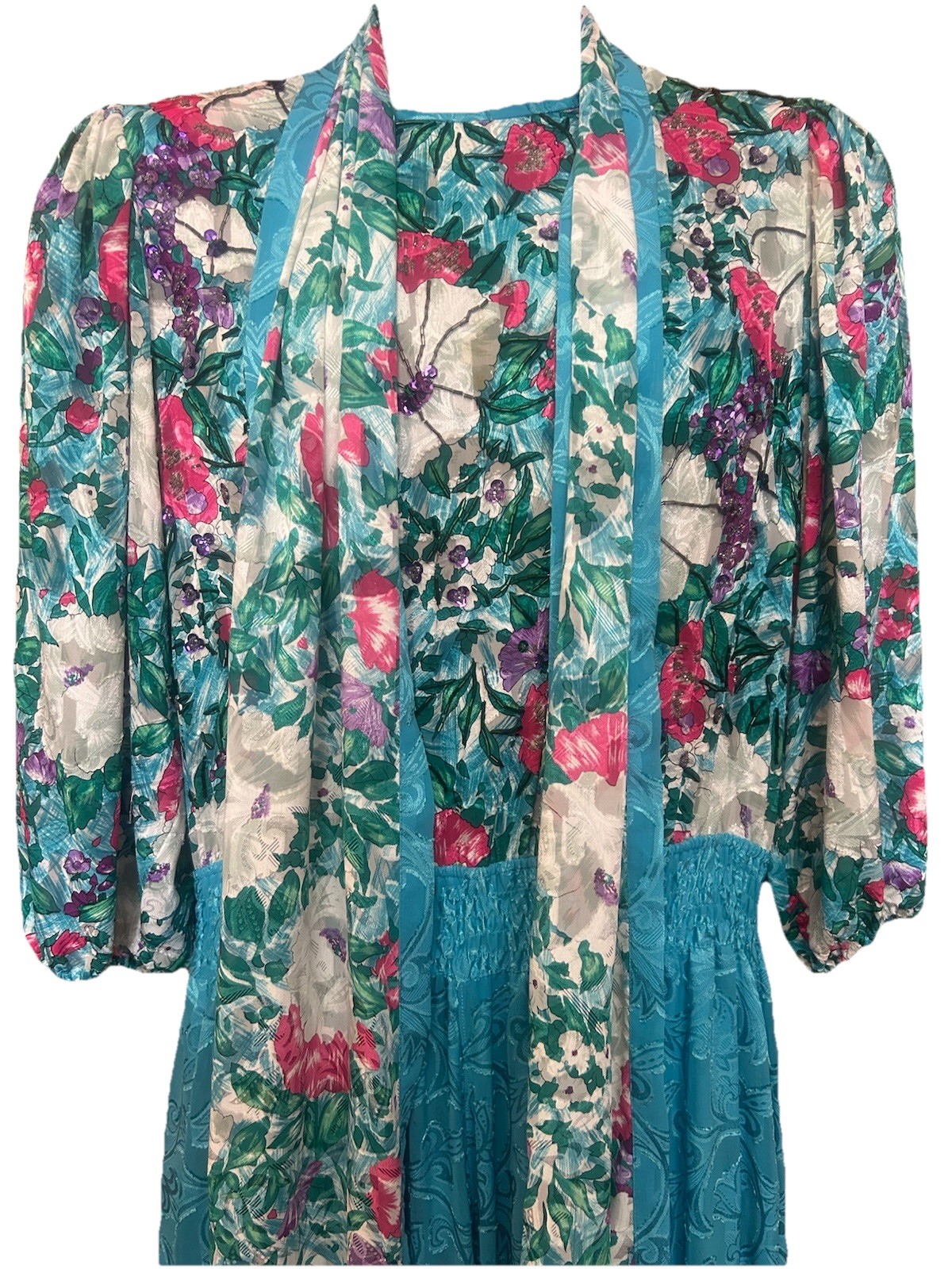 VTG 80’s Diana Freis Floral Print Brocade Poly Dress W/ Sequins+Scarf NWT Mod 12