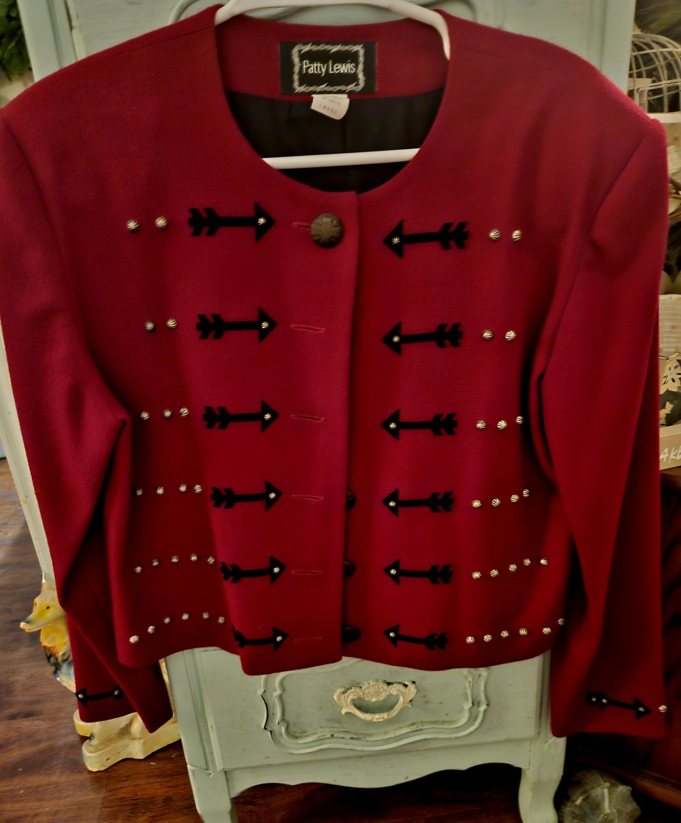 Patty Lewis VTG Wool Jacket W/ Suede Trim & Brass Buttons Sz Lrg Dark RED