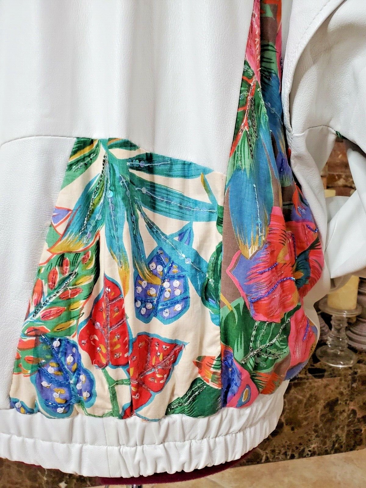 VTG Judith Ann Creation Sequin Beaded White Leather Jacket US L 10-2 Linen 90s