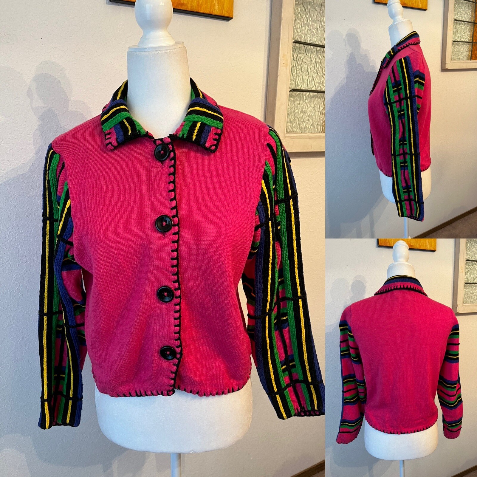 Vtg 90’s Michael Simon Hot Pink Multi Button Up Cardigan Wm Med Petite Collared