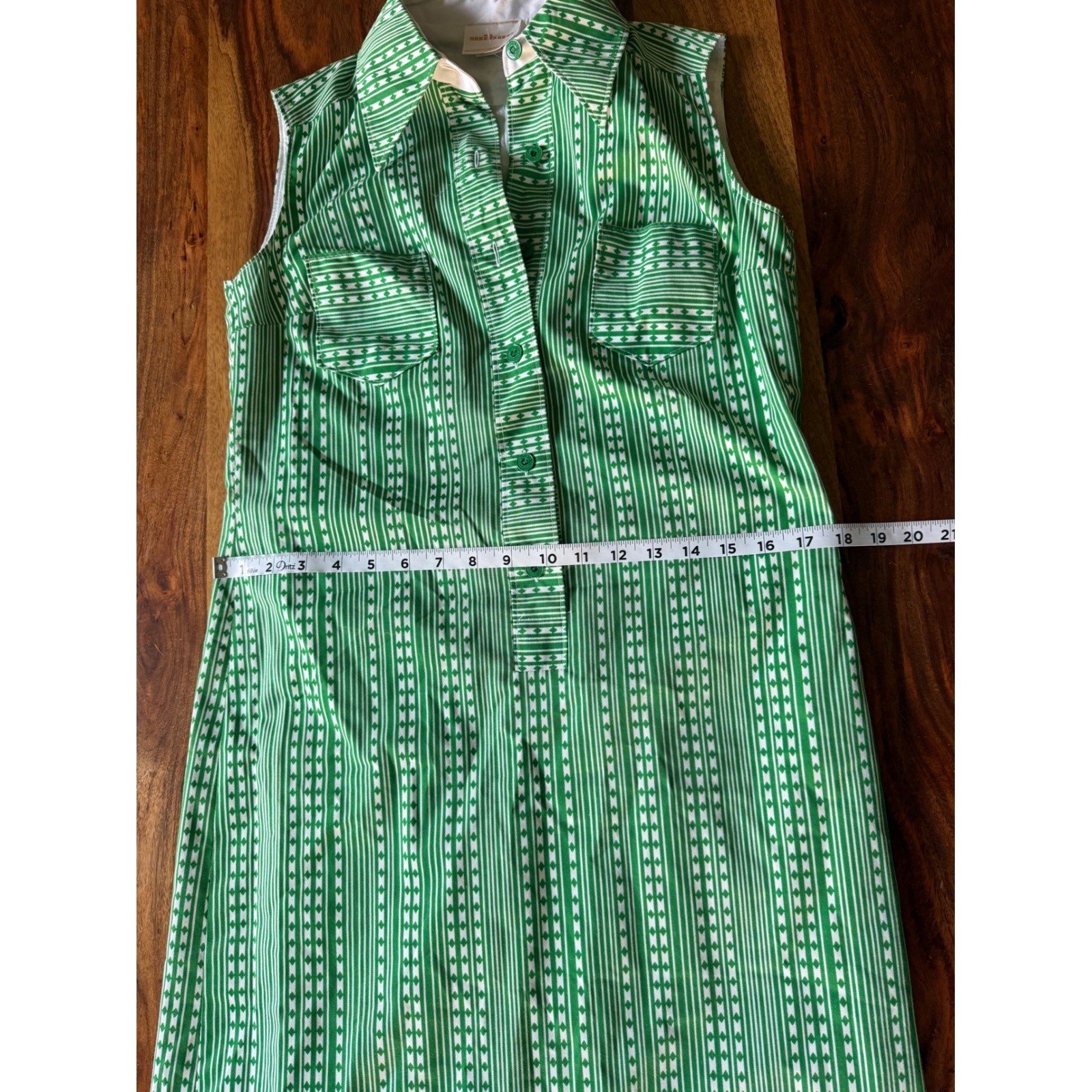 Vintage Wibor Green White Geometric Stripe Sleeveless Shift Shirt Dress 38 70s