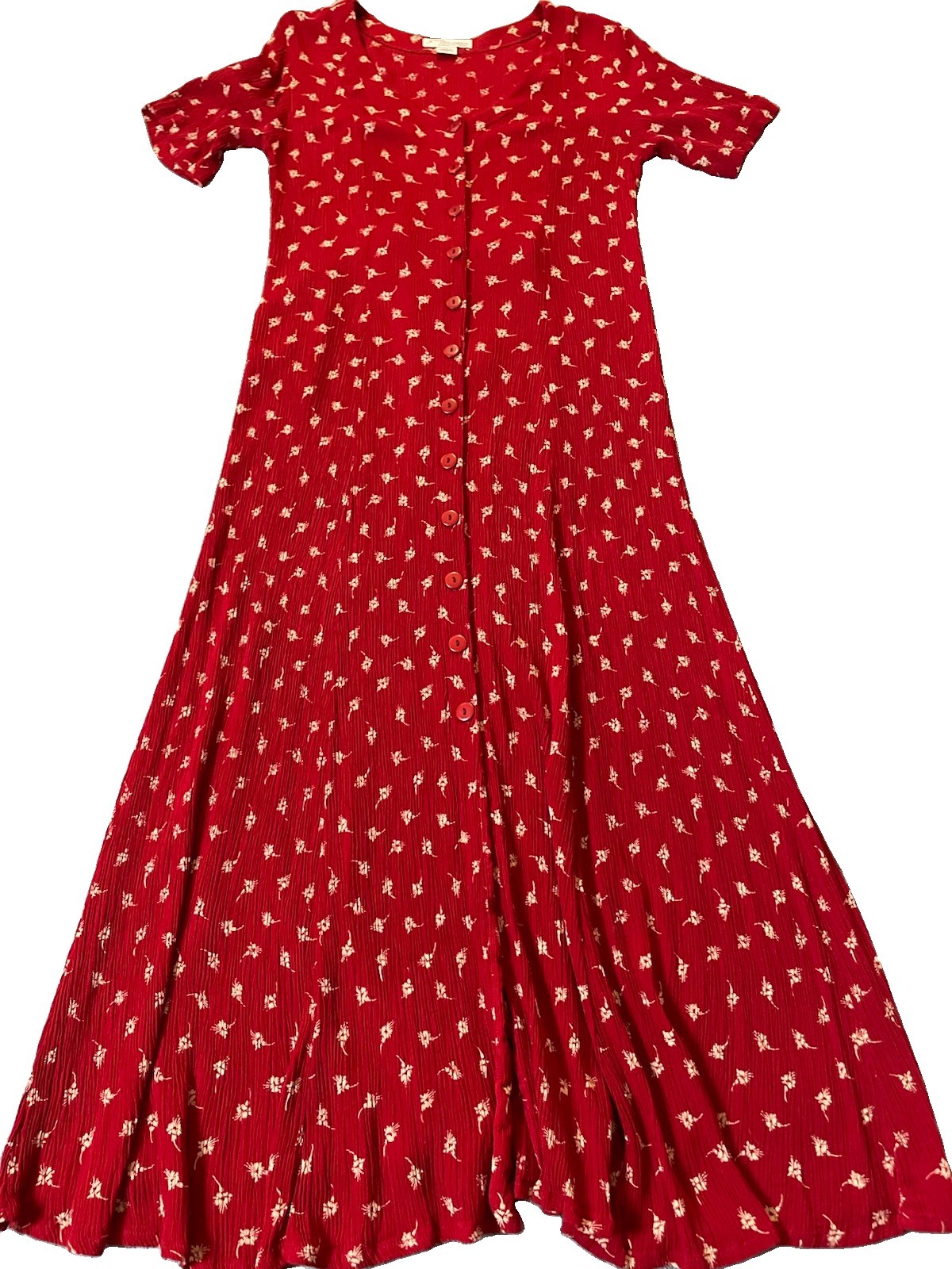 Vtg 90’s Norm Thompson Midi Dress Sz Red Floral Button Up Crinkled Boho Cottage