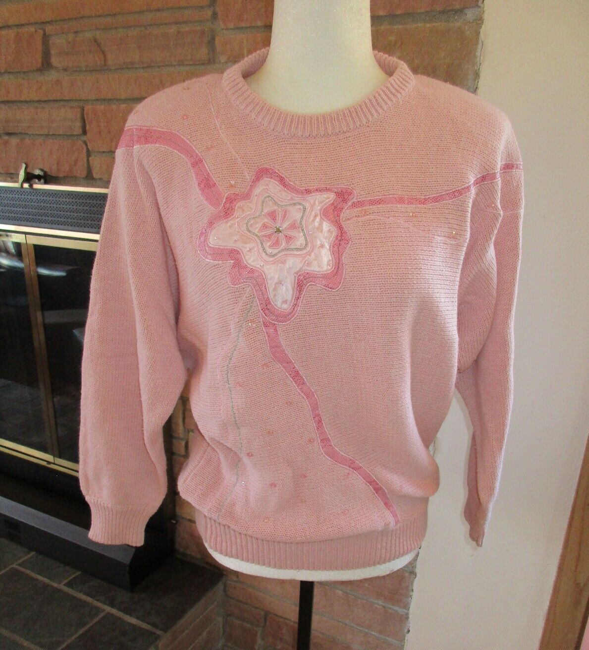 VTG 80s Sweater Pink Embellished Applique Anytime Glitz S Fairy Kei Goldbergs