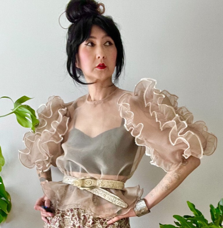 1970s Sheer Organza Ruffle Blouse – Puff Sleeve Peplum Statement Top | XS-M