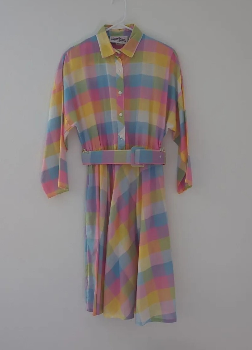 Vintage The American Shirt Dress Pastel Plaid Shoulder Pads Mid Length Long…