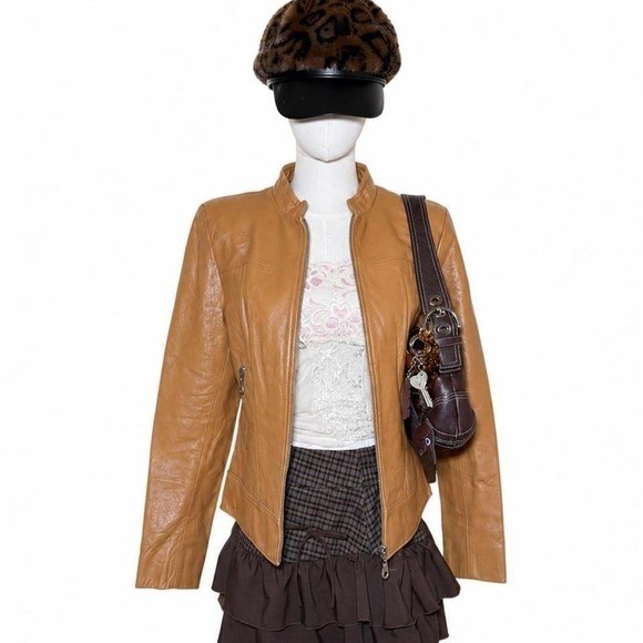 Vintage Y2K Tan Genuine Leather Fitted Moto Jacket Soft Girl Indie