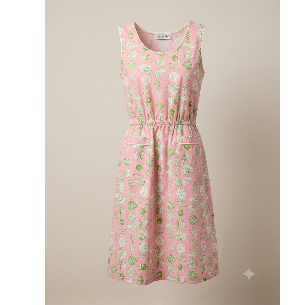 Vintage de Lanthe Pink Seashell Print Midi Dress Sleeveless Coastal Pockets L