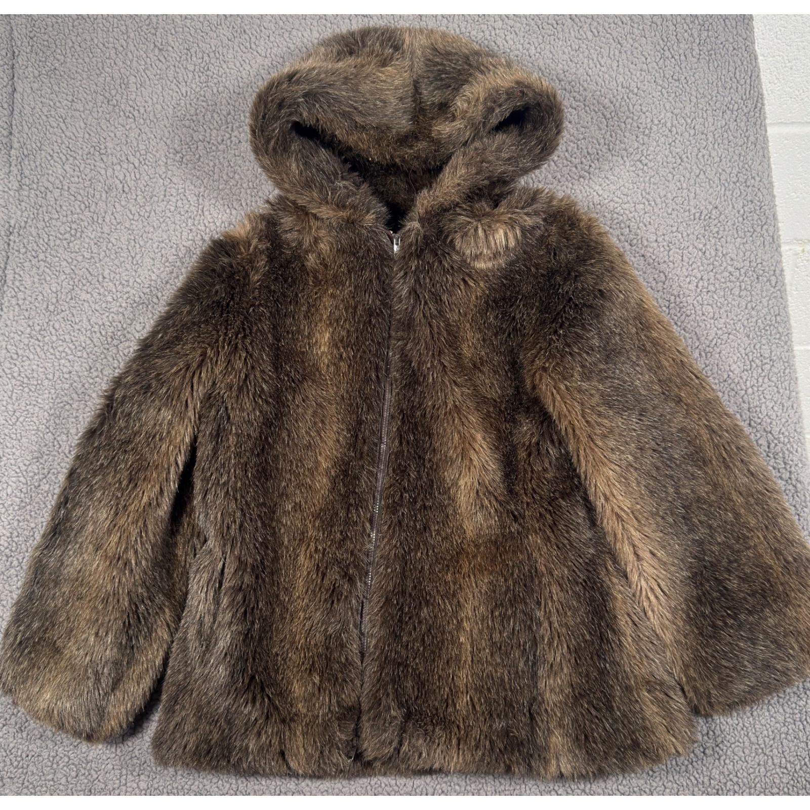 Vintage Sears Fashions Faux Fur Coat Womens 18 Hooded Jacket Brown Talon Zip 70s