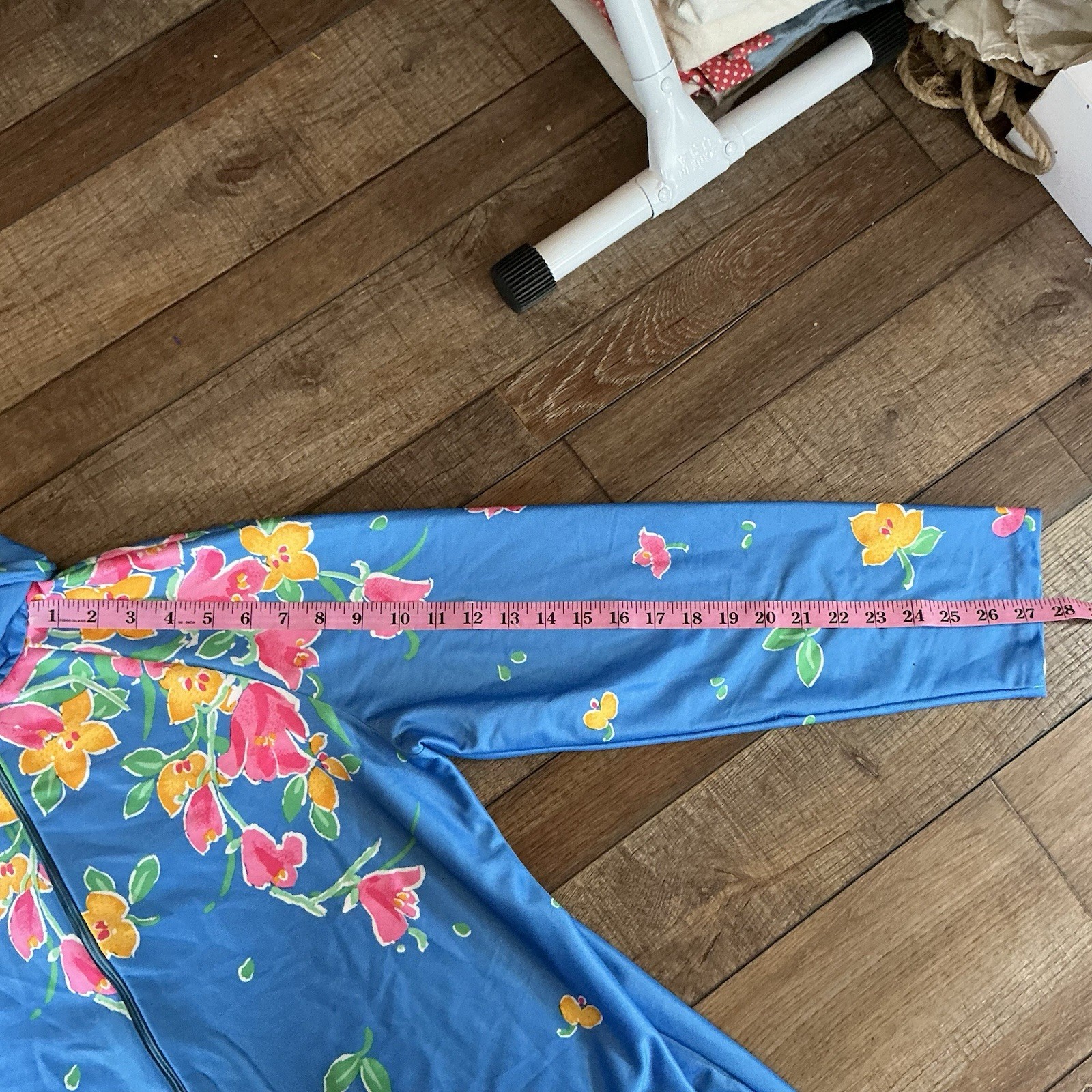 70s VTG Elaine Sklar Floral Zip Housecoat Blue Nylon Robe Women’s L Long #351125