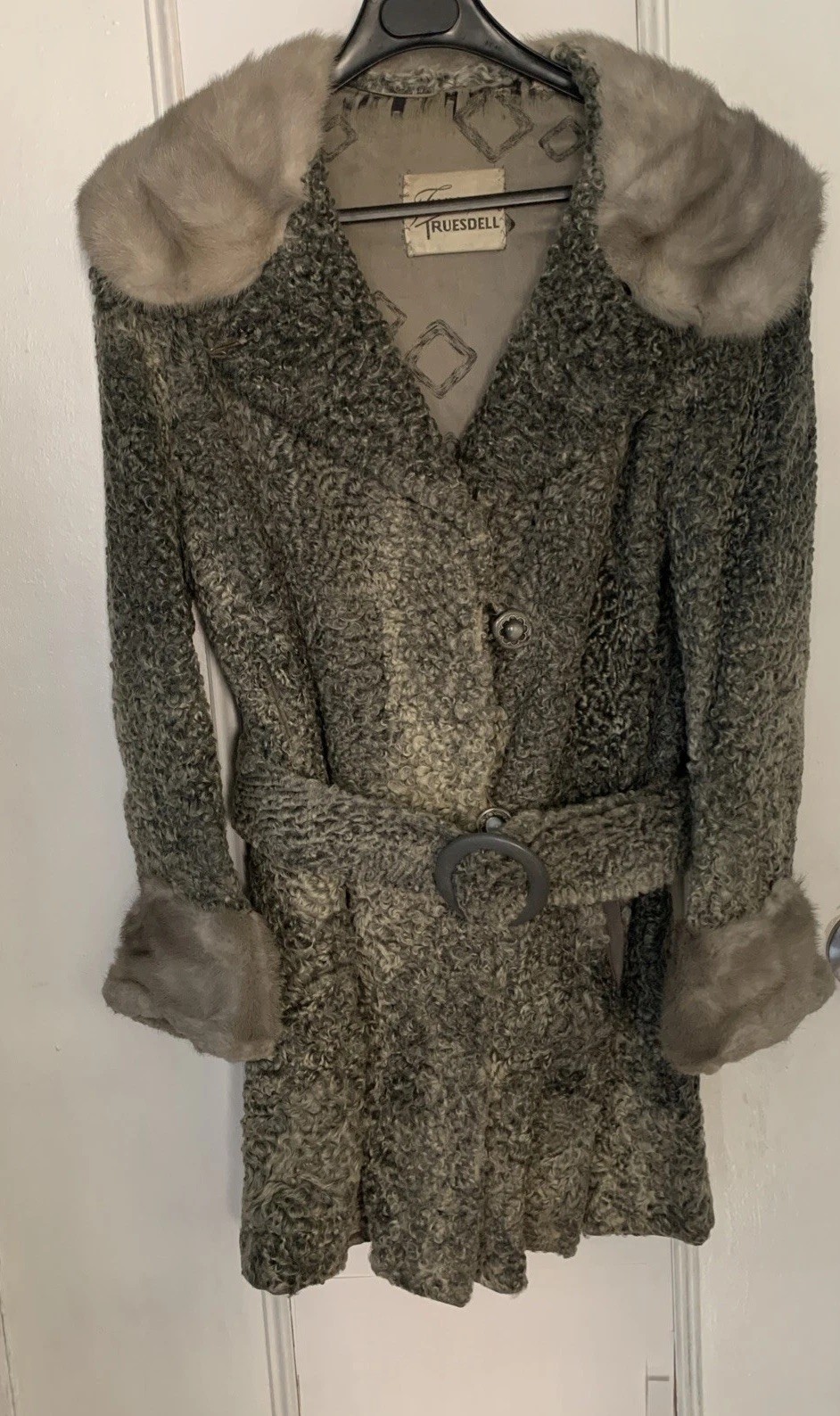 Vtg Gray Curly Persian Lamb Coat Fur Collar And Cuffs With Belt Small Truesdell