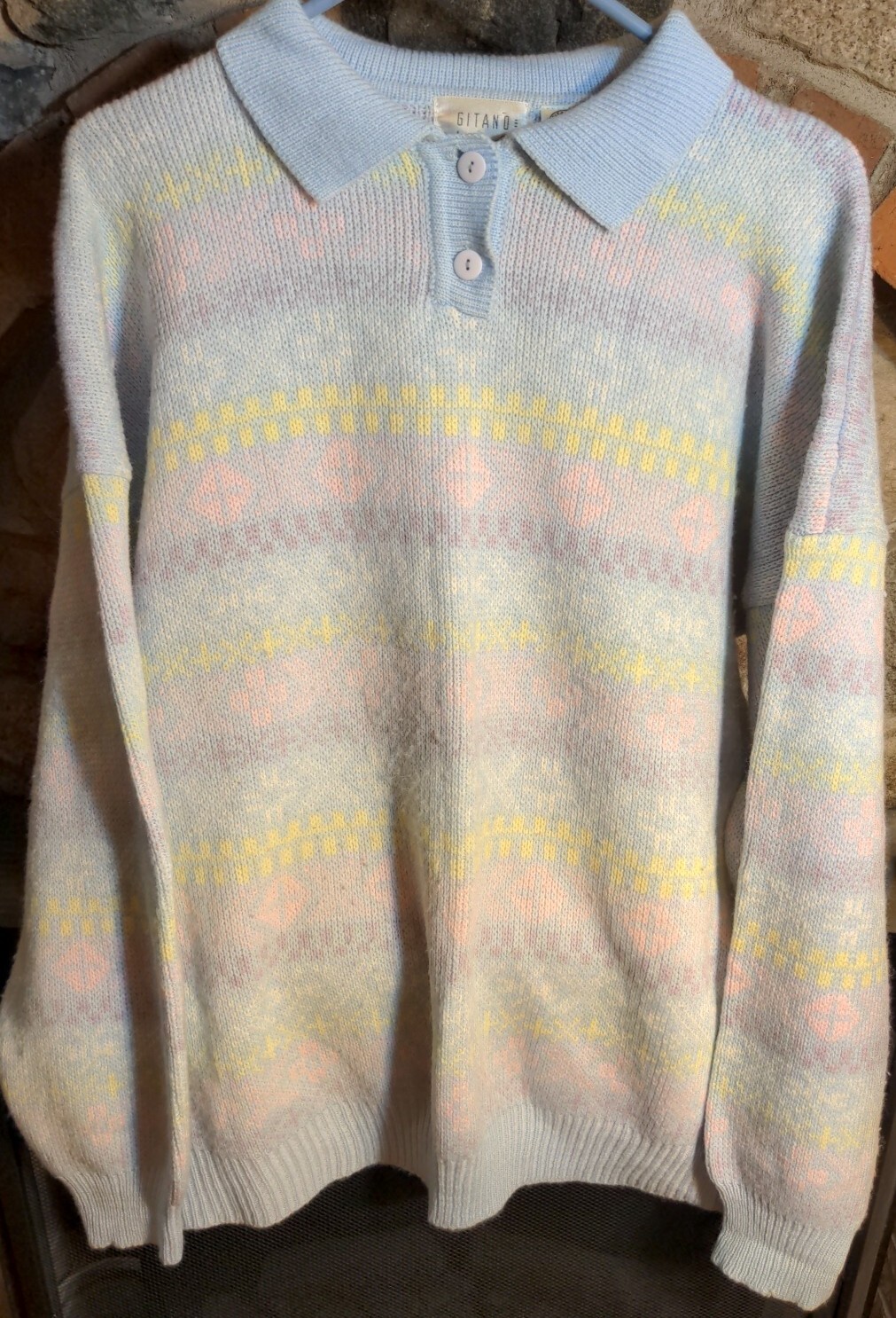 Vintage Gitano 1980s Grandma Fair Isle Sweater with Collar Retro Medium