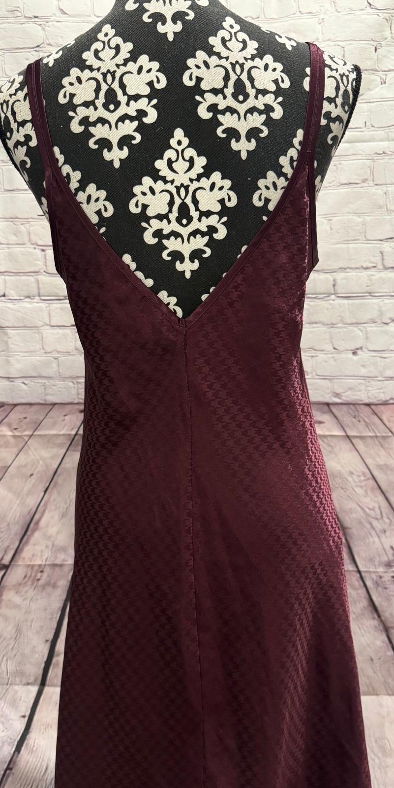 VTG 90s HALSTON Burgundy Textured Satin Double Spaghetti Strap Maxi Slip Dress L