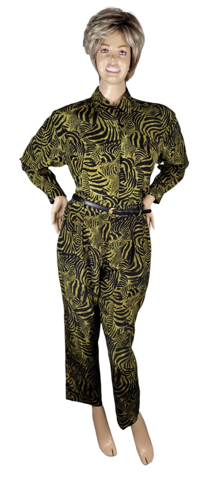 Vintage Ann May 100% Silk Zebra Green & Black Animal Blouse & Pant Suit Set 8