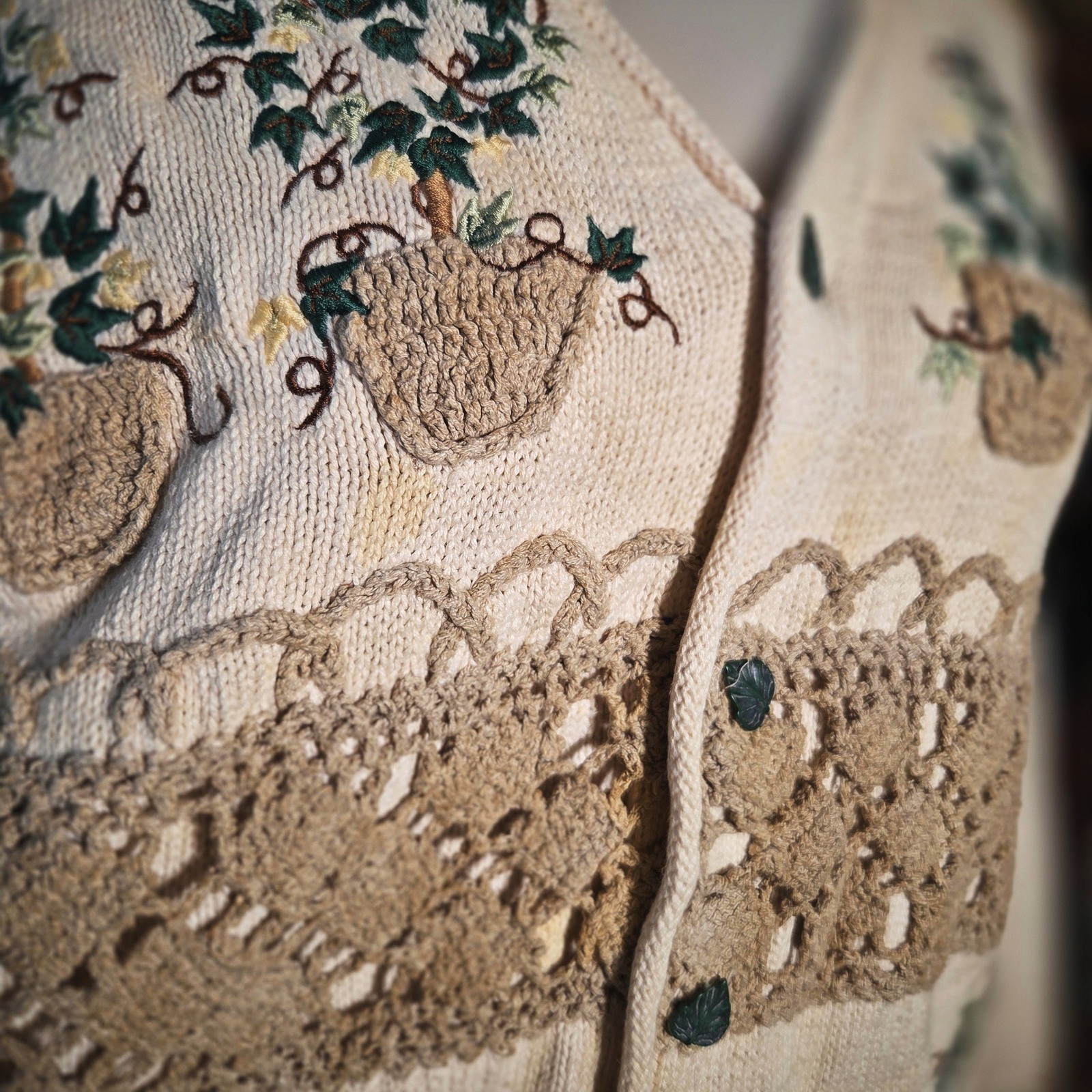 Vintage 90s BellePointe Embroidered Garden Crochet Cardigan Knit Plant Sweater