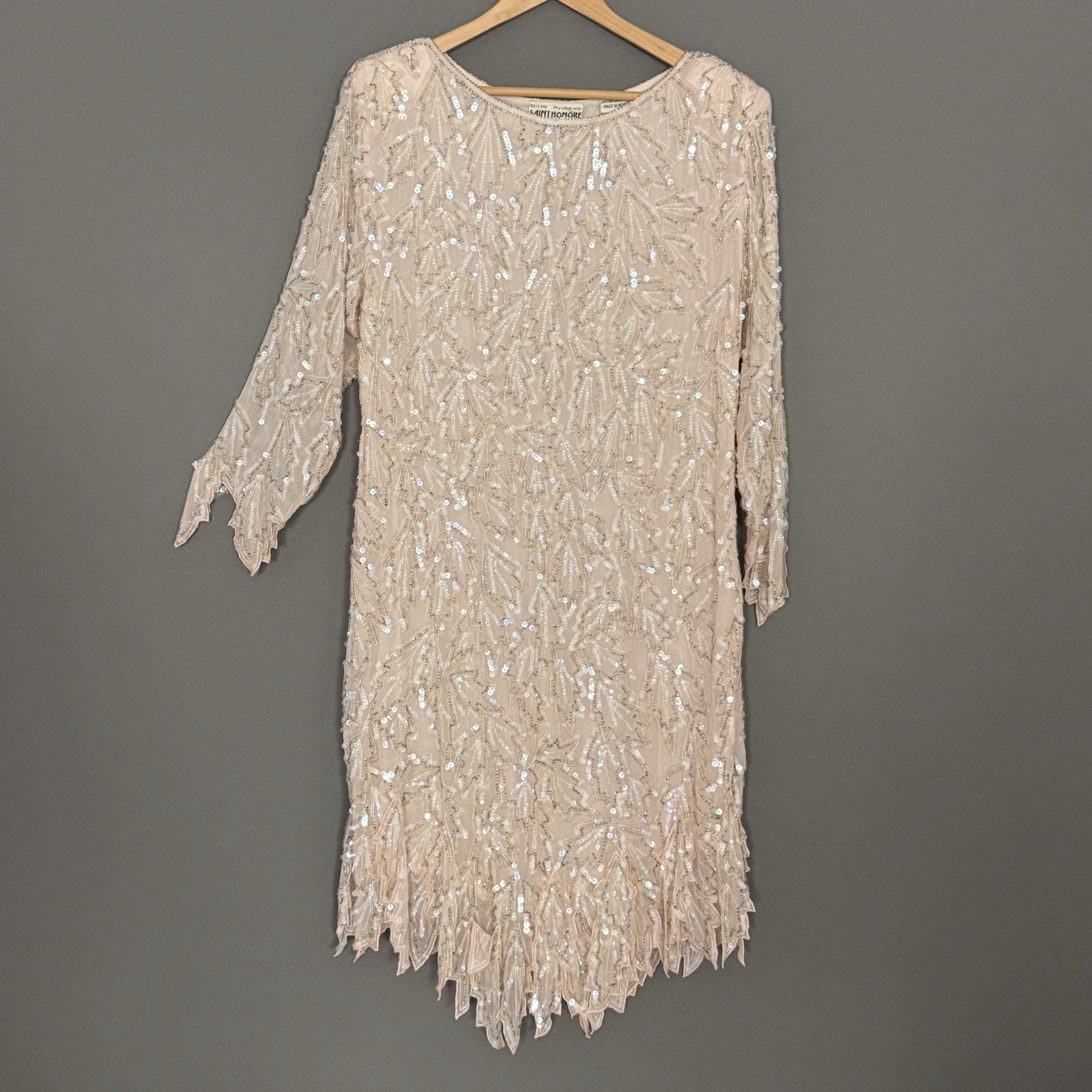 vtg 90s Saint Honore Silk Beaded Sequin Cocktail Dress Blush Pink M Art Deco