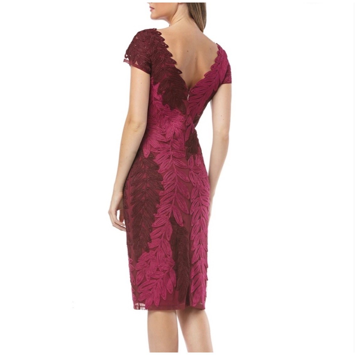 JS Collection Hot Pink Plum Soutache V-neck Midi Dress Leaf Embroidery size 4