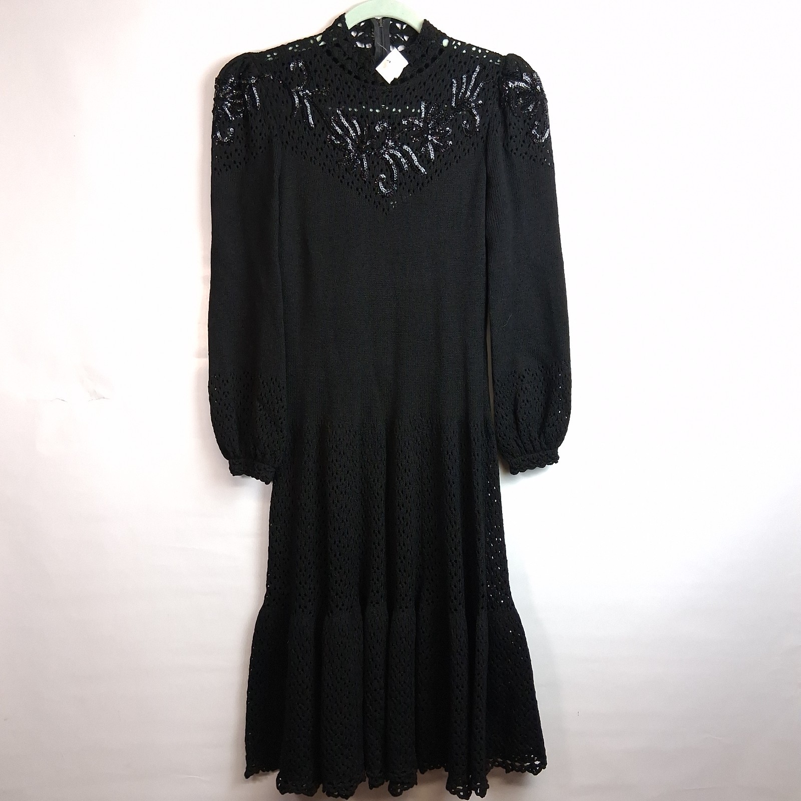 Vintage Miss JoAnn California Dress Black Knit Sequins Small Long Sleeve