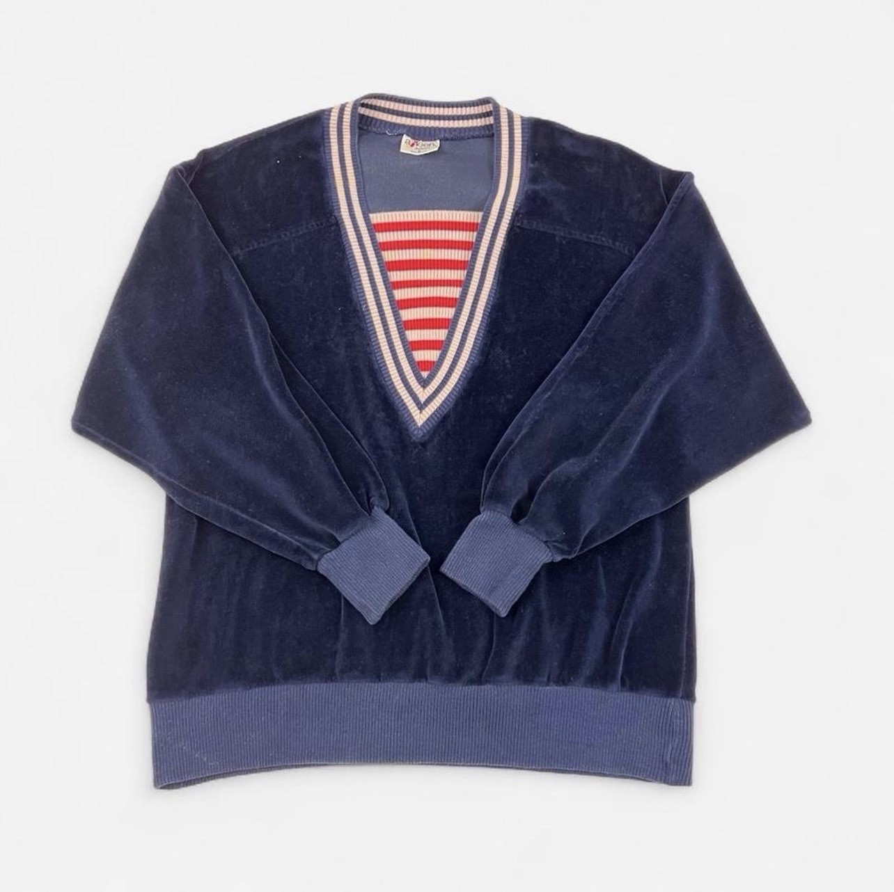 Vintage Aileen Sport Velour Pullover M Navy Blue Striped V-Neck USA Made In 80s