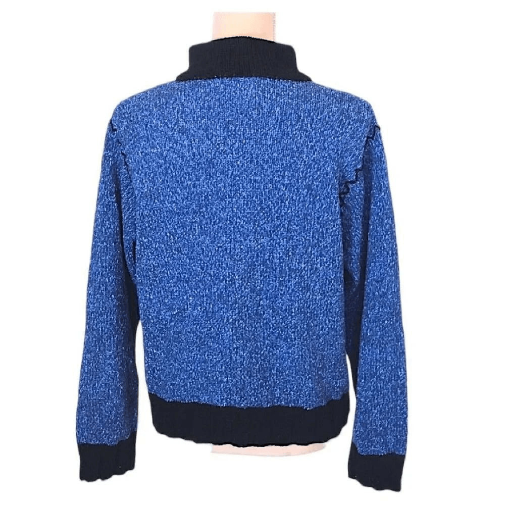 VTG 80s 90s Fia Italia Handloomed Blue Black Knit Zip Cardigan Sweater XL