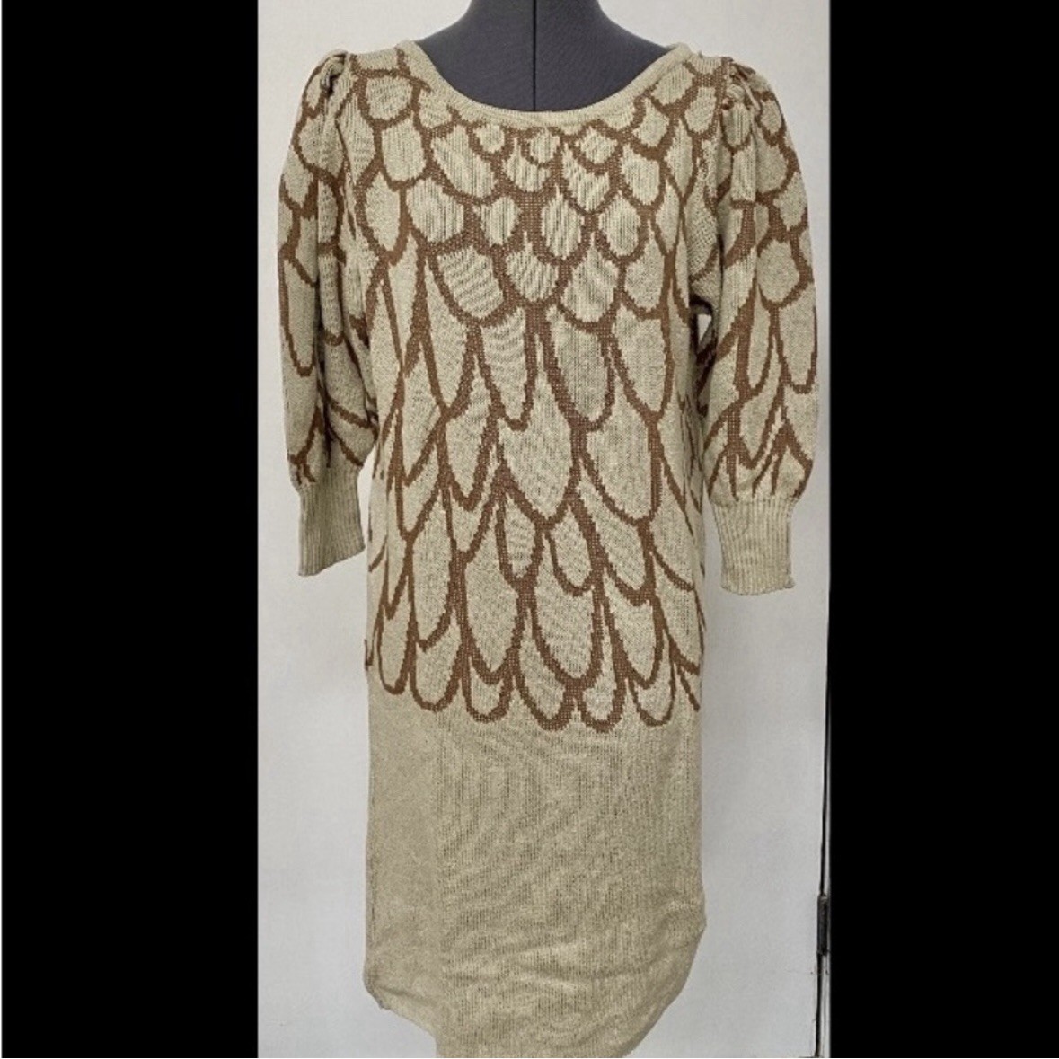 VINTAGE 1980s MARC CAIN KNIT SWEATER DRESS TAN BROWN COTTON LINEN BLEND S M EUC