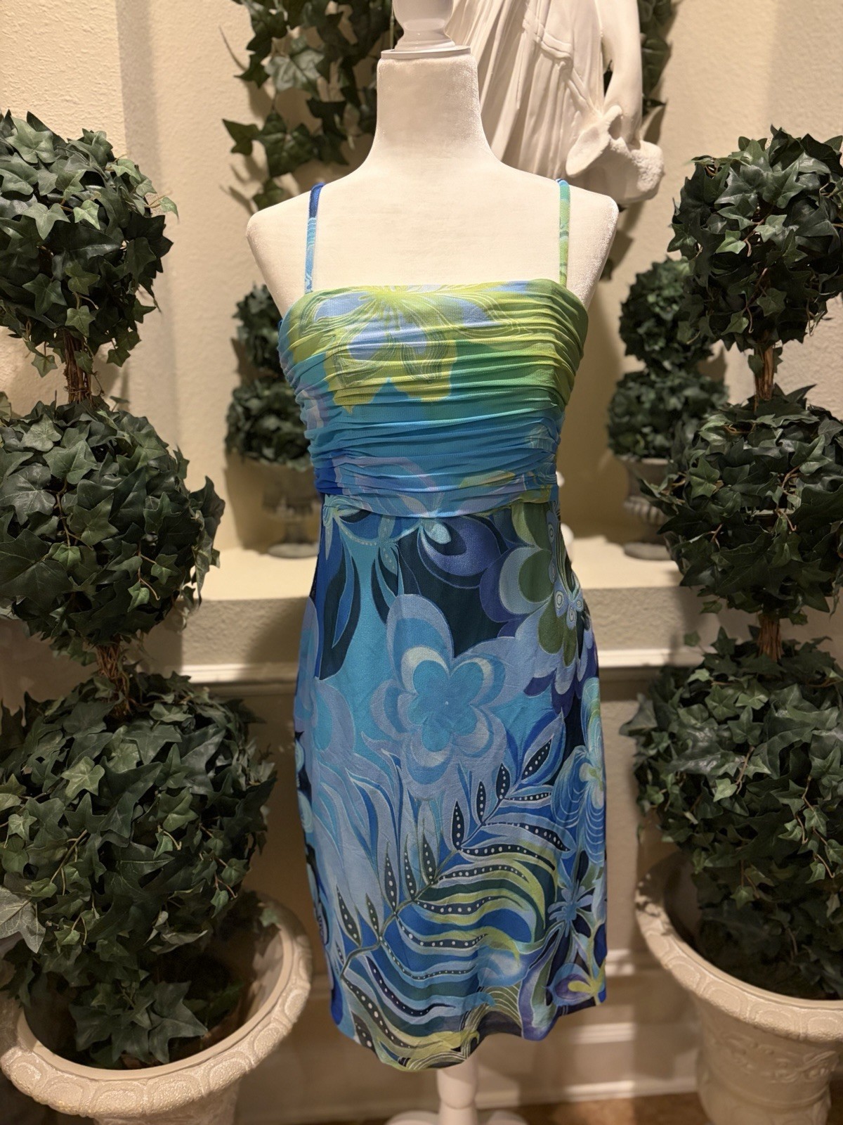 Vintage 90s Mary L Couture Blue and Green Dress Size 12 Made In USA