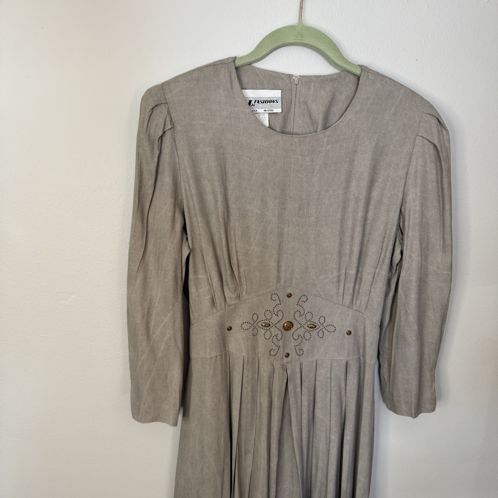 Vintage Pleated Dress Prairie Western Size 10 Taupe Tan S.L Fashions USA Made