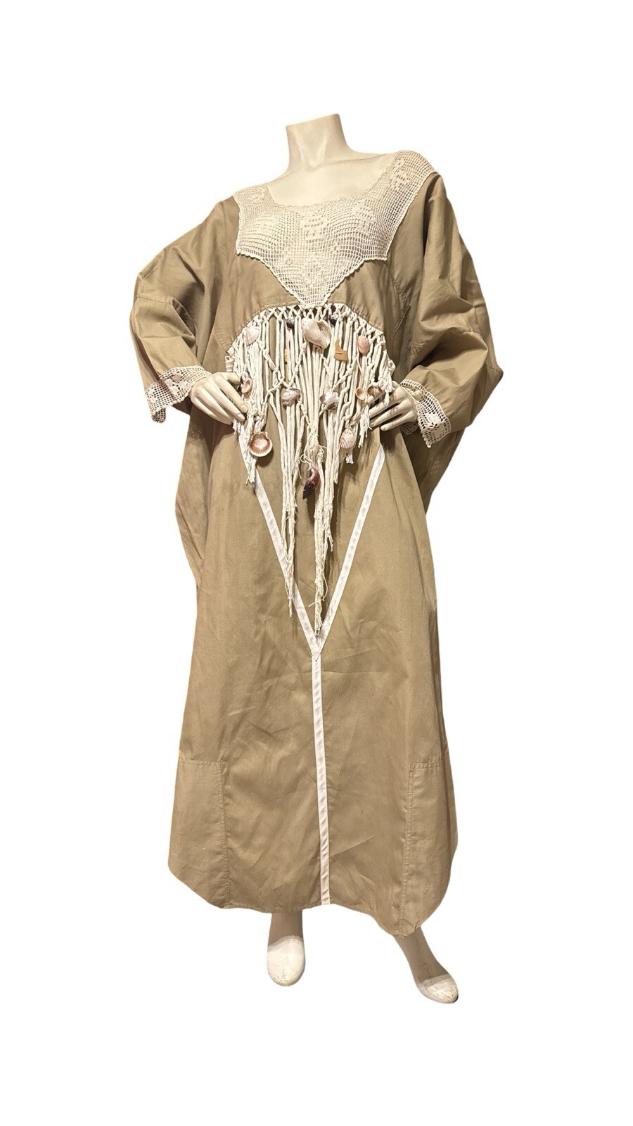 Vintage 80 Crochet Ribbon Dress Opus 1 Khaki Cotton Poplin Macrame & Sea Shells