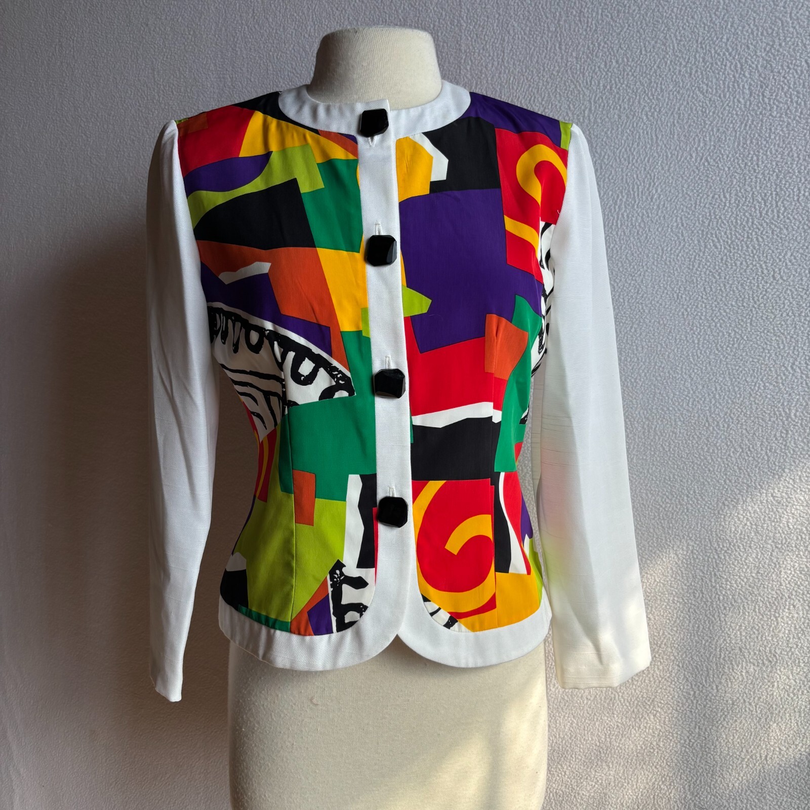 Vintage 1980s Caron Petite Colorful Geometric Print Suit Jacket