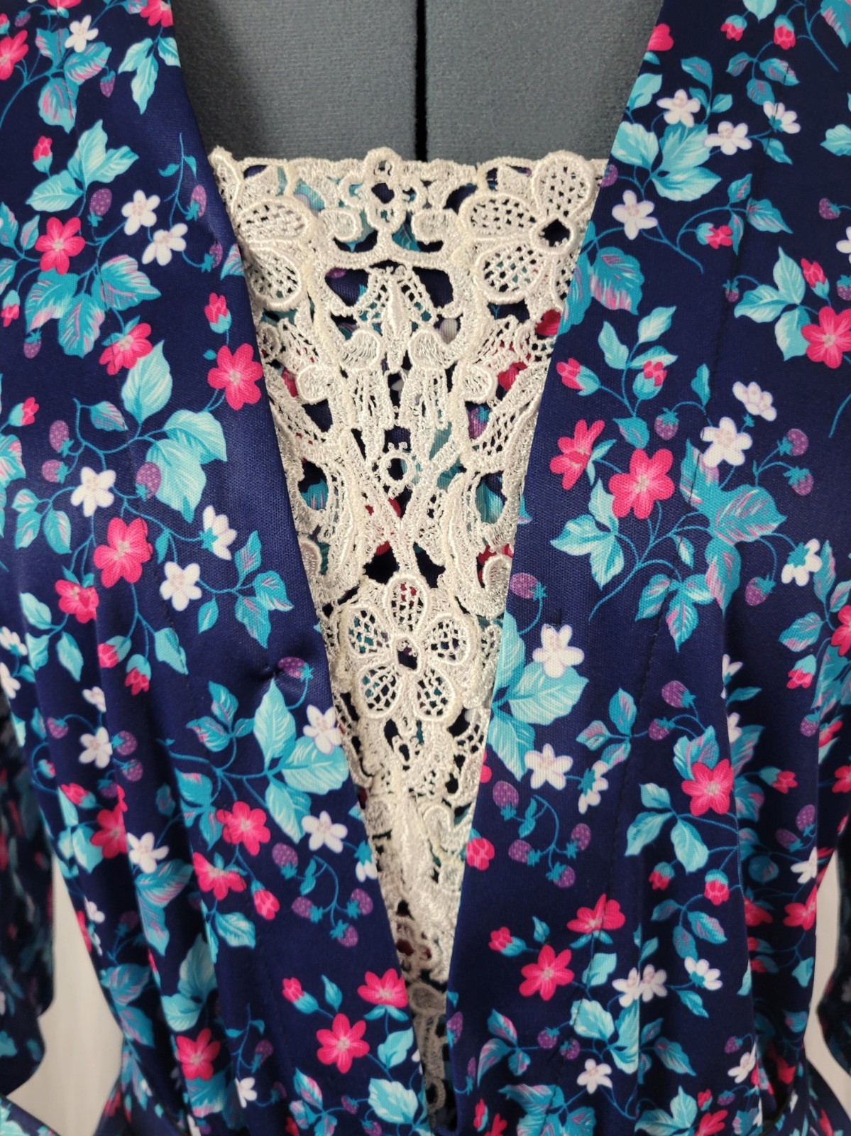 Vintage Whirlaway Blue Floral Dress w White Lace Inset & Matching Belt Size 12