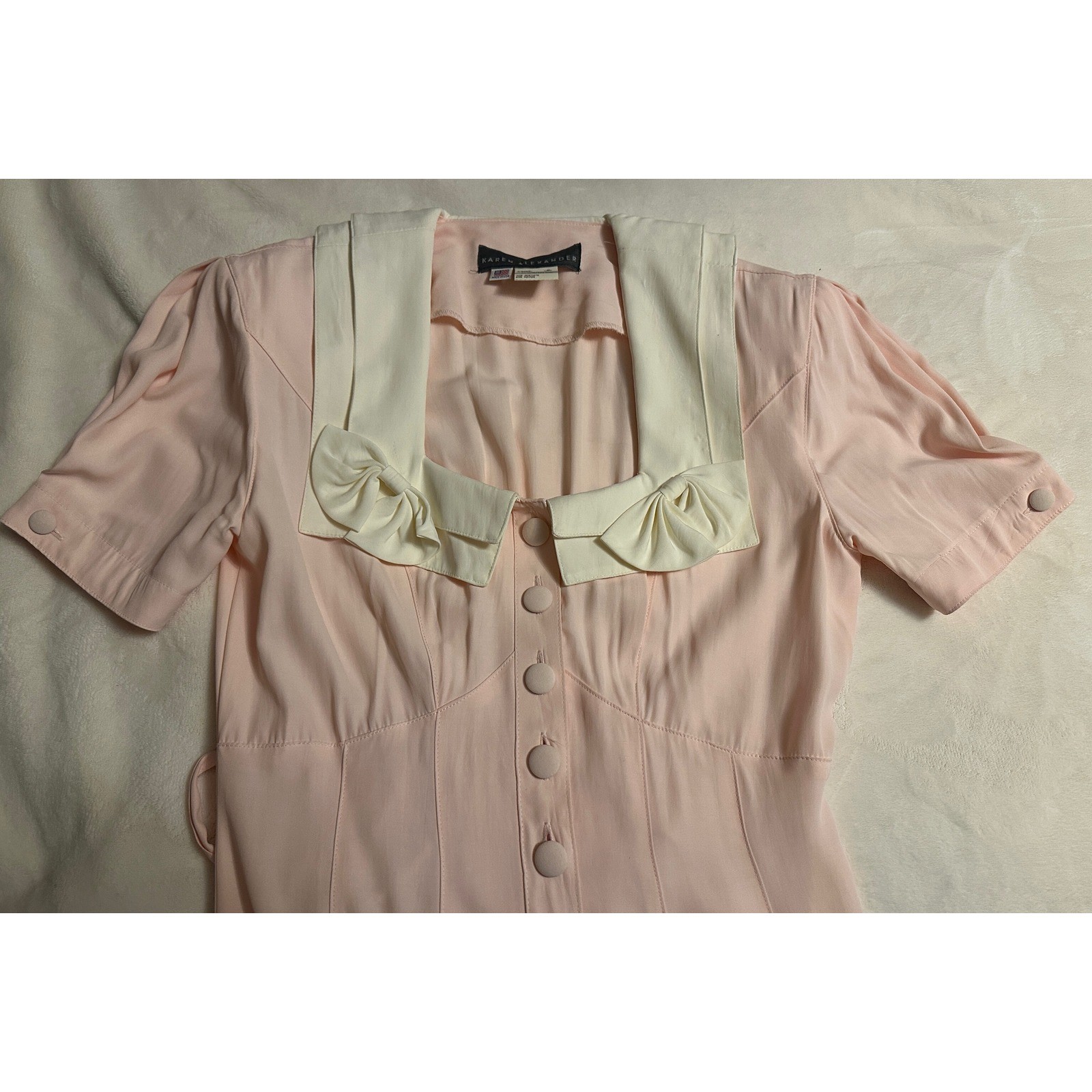 Vtg Karen Alexander 8 Pink Sailor Collar Maxi Dress Bows Button up Cottagecore