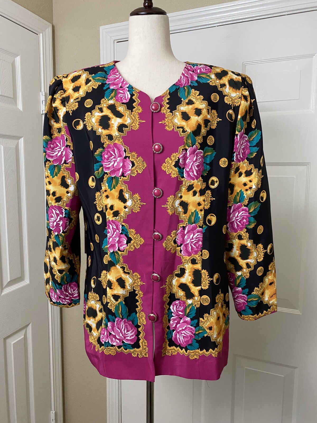 Andrea Gayle Womens Size 16 Button Blouse Vintage Multicolor Shoulder Pads 80s