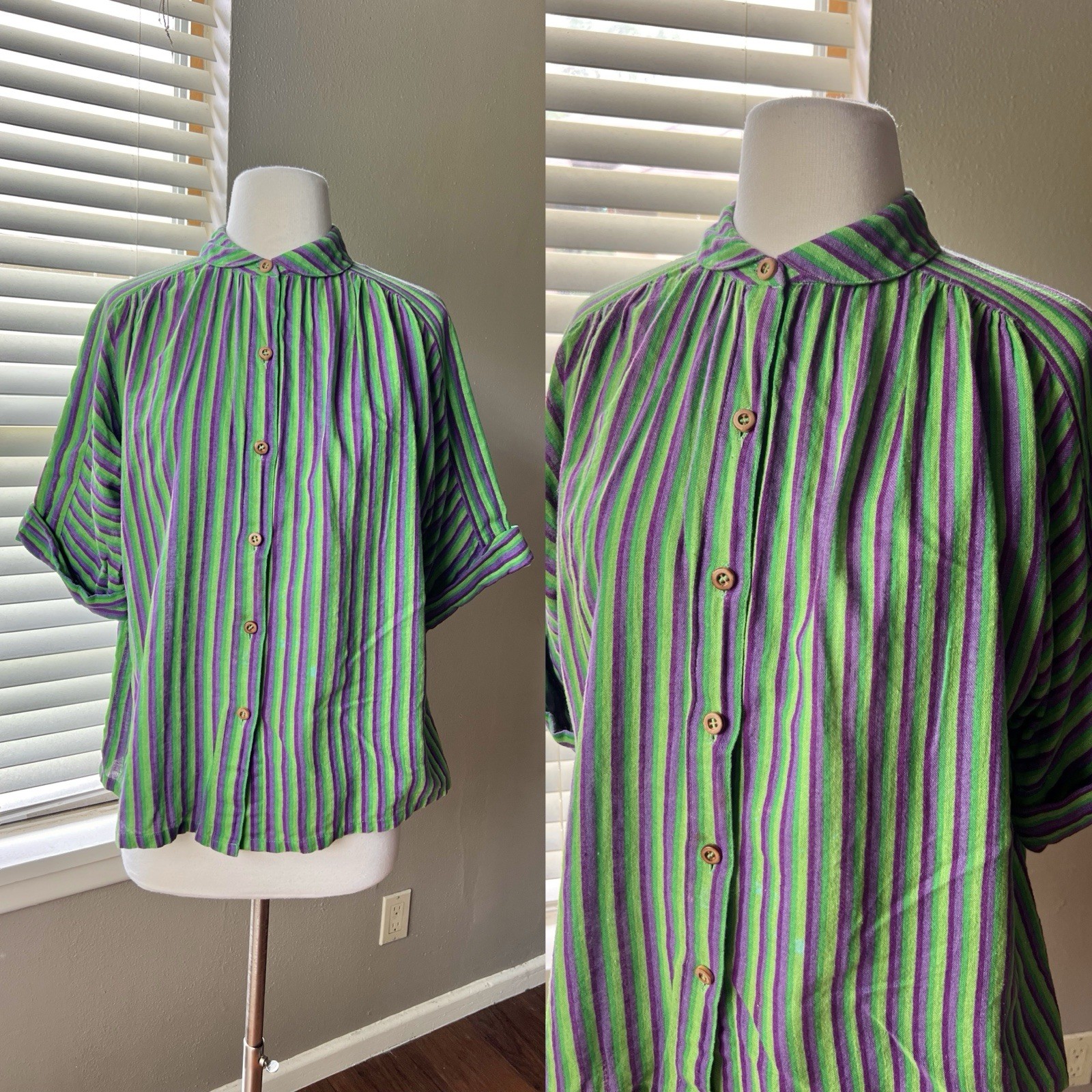 Vintage 80s Liz Claiborne Shirt Small Green Stripe Button Pleated Round Collared
