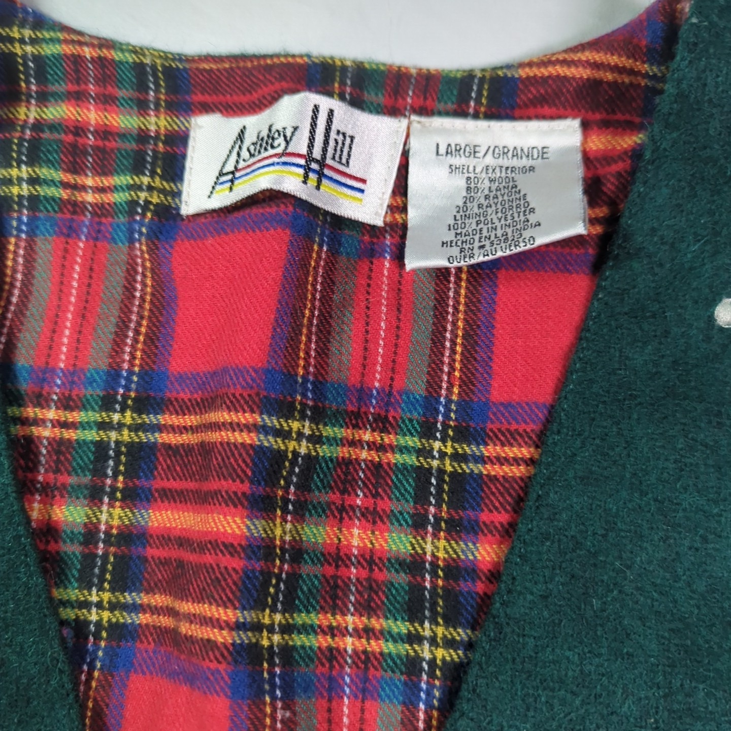 Vtg Ashley Hill Wool Vest Womens L Green Christmas Tree Cabin Buttons Country