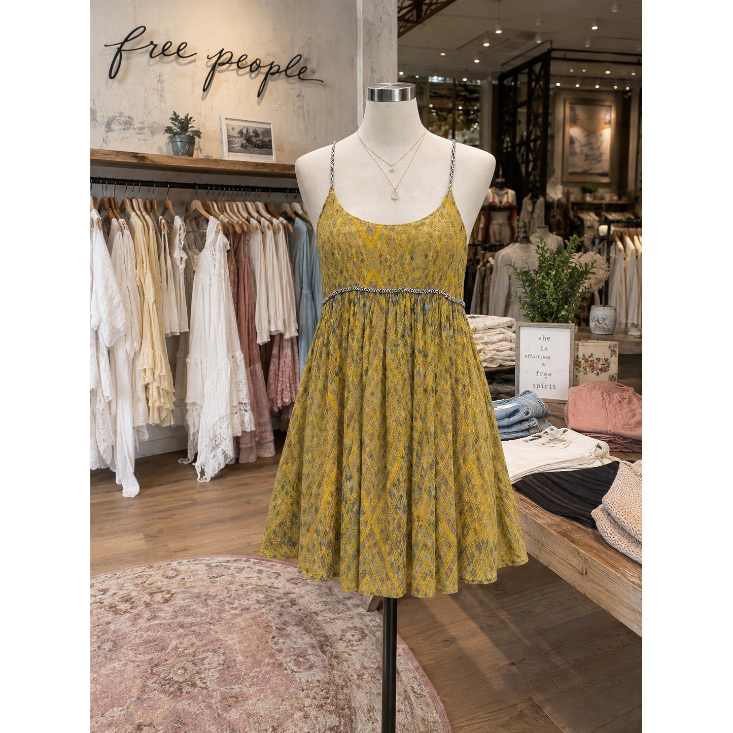 Free People Boho Yellow Geometric Mini Dress Braided Trim Small